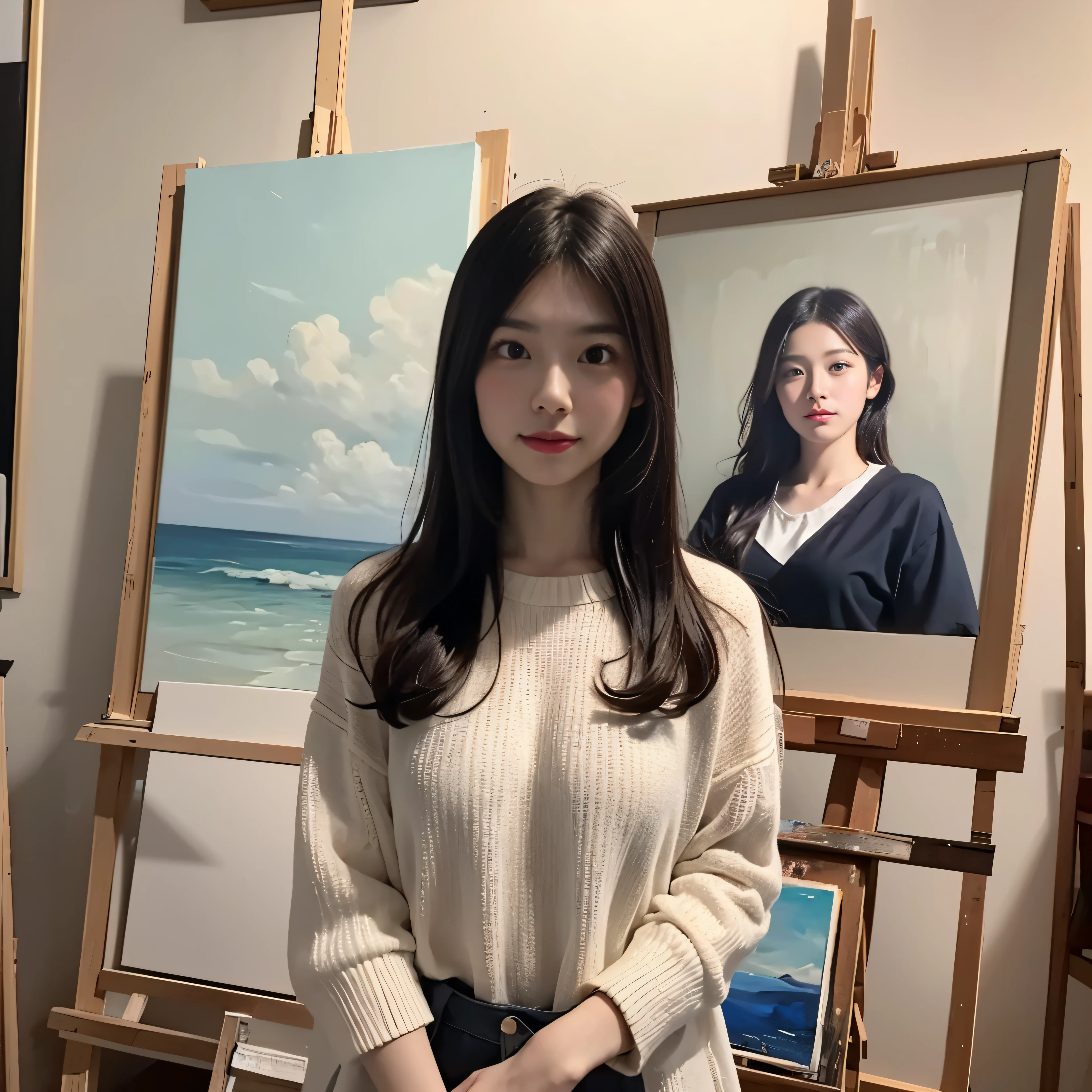 There is a young and beautiful Japanese woman、she is a painter、I&#39;m painting an oil painting、A canvas is placed on the easel、In the background is an oil painting of a very similar self-portrait that she painted.、cowboy shot、I will also draw a self-portrait
