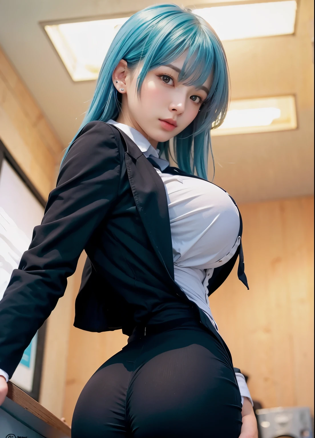 Masterpiece, extra detailed, pretty girl,  slim firm body, blue hair