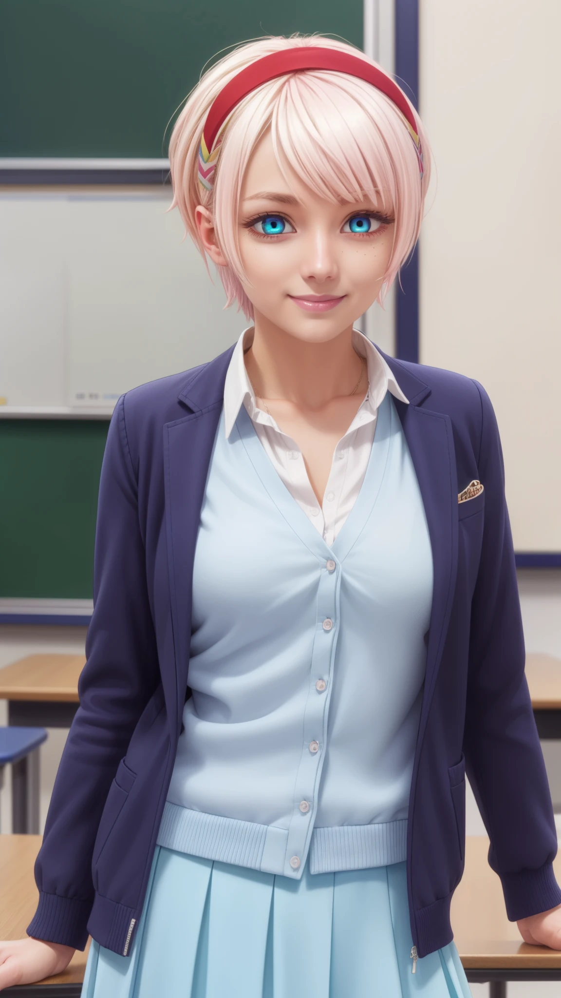 renanatsukawa, rena natsukawa, short hair, hairband, pink hair, (red eyes:1.3), red hairband, smile,
BREAK skirt, shirt, jacket, collared shirt, neck ribbon, jacket on shoulders, white shirt, cardigan, blue cardigan, blue jacket,
BREAK indoors, classroom,
BREAK looking at viewer, (cowboy shot:1.5),
BREAK (masterpiece:1.2), best quality, high resolution, unity 8k wallpaper, (illustration:0.8), (beautiful detailed eyes:1.6), extremely detailed face, perfect lighting, extremely detailed CG, (perfect hands, perfect anatomy),