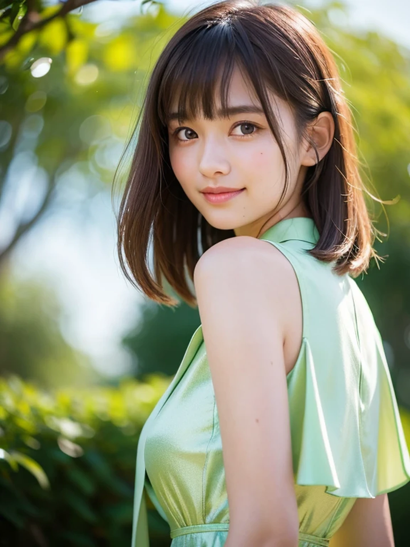 masterpiece, Best Quality, Raw photo, 8K, ultra-detailed face, 1girl, Beautiful detailed skin, backlight, soft light, bashful, (shoot from front:1.2), smile, Luminescent, Anatomically correct, Medium hair swaying in the wind, bangs, Eyes and faces with detailed, Textured skin, Professional Photography, Bokeh, Portrait, Professional Lighting, Solo, Cute, Girly, Film grain, silk dress shirt, Summer Green Hills,