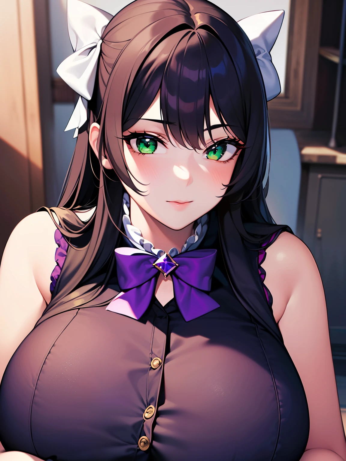 (8K, Best quality, tmasterpiece:1.2),\(eye detailed\),(\(Clothes detail details\)\),full bodyesbian,(huge tit),(Facial focus) ,Very detailed CG unity 8K wallpaper,hugefilesize,ultra - detailed,A high resolution,absurderes,beautidful eyes,Ray traching,dramatic shadow,finely detailled,Dramatic angles,Hyper-detailing,(1 girl:1.3),(Solo),,Mature female,Long hair black,Green eyes,Wearing(cosplaying_magical girl,very cute purple dress with ruffles,Large Ribbon Bow Tie Back),