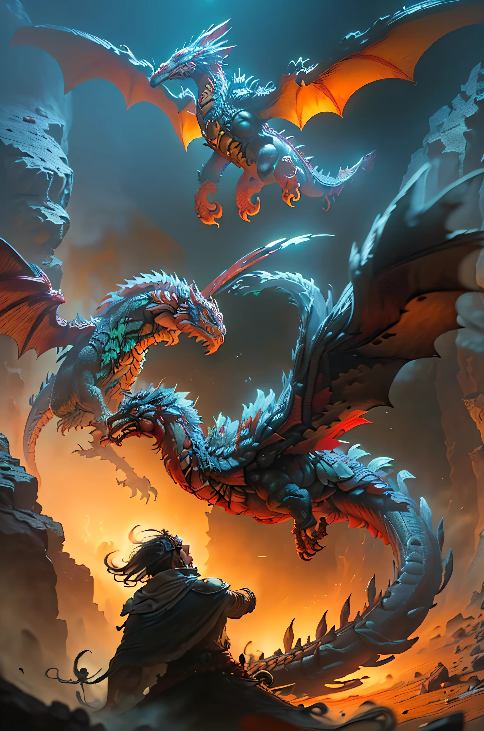 (create an epic image of the popular game Dungeons and Dragons:1.5), (flying dragon facing warrior in an epic battle, cliffs:1.6), fire, masterpiece, hyper detailed, mystical, magical, at night, long shot, cinematographic lighting, ultra image quality, HD, 32k