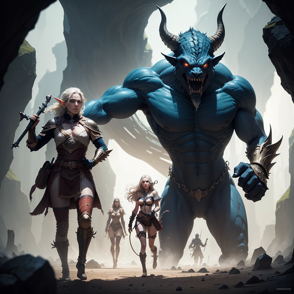 (best quality,4k,highres,masterpiece:1.2),ultra-detailed,realistic:1.37 A group of sexy elven adventurers,clad in revealing yet practical armor, fearlessly face off against a 'roper', a colossal creature that cleverly disguises itself as a stalagmite before launching its numerous tentacles and opening its massive mouth in a terrifying display of power. The elven adventurers, with their flawless features and striking eyes, exude confidence and determination as they brandish their weapons, ready to defend themselves in the depths of a dark and treacherous cave. The cave is illuminated by the soft glow of magical crystals, casting eerie shadows and revealing the intricate details of the adventurers' surroundings. The air is heavy with tension and the scent of damp earth, enhancing the suspenseful atmosphere. The group's strength and unity is palpable as they strategically position themselves, taking advantage of the stalagmites and stalactites for cover. The elven adventurers' elven heritage is evident in their graceful movements and pointed ears, a testament to their otherworldly beauty. The colors in the scene are rich and vibrant, with deep, earthy tones dominating the cave's walls and the adventurers' attire. The lighting is dramatic, casting dramatic shadows and highlighting the adventurers' features. The scene captures a moment frozen in time, masterfully blending fantasy and reality, while mesmerizing the viewer with its attention to detail and artistic craftsmanship. The prompt truly captures the essence of a thrilling scene straight out of a Dungeons & Dragons adventure, inviting the viewer to imagine themselves in the midst of the action.