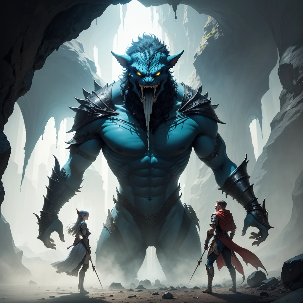 (best quality,4k,highres,masterpiece:1.2),ultra-detailed,realistic:1.37 A group of sexy elven adventurers,clad in revealing yet practical armor, fearlessly face off against a 'roper', a colossal creature that cleverly disguises itself as a stalagmite before launching its numerous tentacles and opening its massive mouth in a terrifying display of power. The elven adventurers, with their flawless features and striking eyes, exude confidence and determination as they brandish their weapons, ready to defend themselves in the depths of a dark and treacherous cave. The cave is illuminated by the soft glow of magical crystals, casting eerie shadows and revealing the intricate details of the adventurers' surroundings. The air is heavy with tension and the scent of damp earth, enhancing the suspenseful atmosphere. The group's strength and unity is palpable as they strategically position themselves, taking advantage of the stalagmites and stalactites for cover. The elven adventurers' elven heritage is evident in their graceful movements and pointed ears, a testament to their otherworldly beauty. The colors in the scene are rich and vibrant, with deep, earthy tones dominating the cave's walls and the adventurers' attire. The lighting is dramatic, casting dramatic shadows and highlighting the adventurers' features. The scene captures a moment frozen in time, masterfully blending fantasy and reality, while mesmerizing the viewer with its attention to detail and artistic craftsmanship. The prompt truly captures the essence of a thrilling scene straight out of a Dungeons & Dragons adventure, inviting the viewer to imagine themselves in the midst of the action.