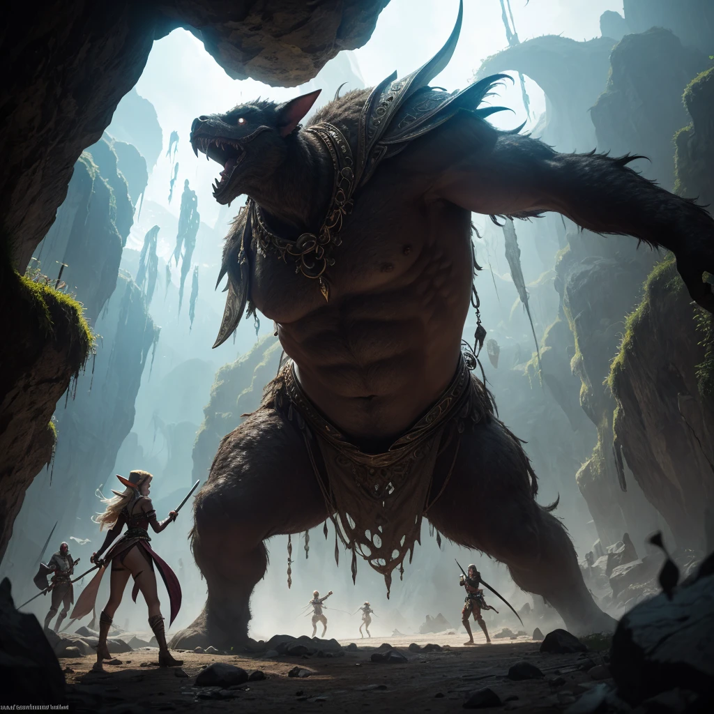 (best quality,4k,highres,masterpiece:1.2),ultra-detailed,realistic:1.37 A group of sexy elven adventurers,clad in revealing yet practical armor, fearlessly face off against a 'roper', a colossal creature that cleverly disguises itself as a stalagmite before launching its numerous tentacles and opening its massive mouth in a terrifying display of power. The elven adventurers, with their flawless features and striking eyes, exude confidence and determination as they brandish their weapons, ready to defend themselves in the depths of a dark and treacherous cave. The cave is illuminated by the soft glow of magical crystals, casting eerie shadows and revealing the intricate details of the adventurers' surroundings. The air is heavy with tension and the scent of damp earth, enhancing the suspenseful atmosphere. The group's strength and unity is palpable as they strategically position themselves, taking advantage of the stalagmites and stalactites for cover. The elven adventurers' elven heritage is evident in their graceful movements and pointed ears, a testament to their otherworldly beauty. The colors in the scene are rich and vibrant, with deep, earthy tones dominating the cave's walls and the adventurers' attire. The lighting is dramatic, casting dramatic shadows and highlighting the adventurers' features. The scene captures a moment frozen in time, masterfully blending fantasy and reality, while mesmerizing the viewer with its attention to detail and artistic craftsmanship. The prompt truly captures the essence of a thrilling scene straight out of a Dungeons & Dragons adventure, inviting the viewer to imagine themselves in the midst of the action.