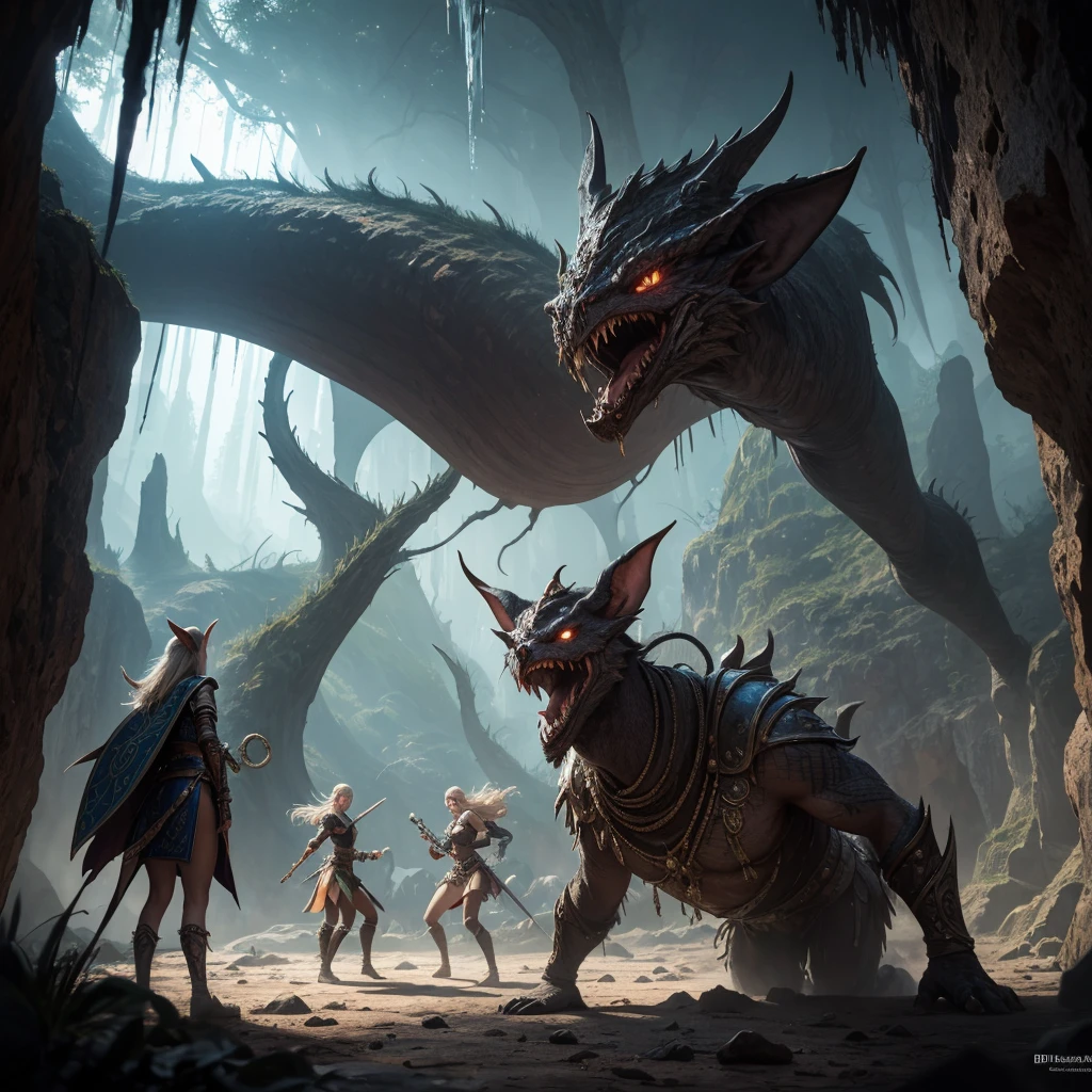 (best quality,4k,highres,masterpiece:1.2),ultra-detailed,realistic:1.37 A group of sexy elven adventurers,clad in revealing yet practical armor, fearlessly face off against a 'roper', a colossal creature that cleverly disguises itself as a stalagmite before launching its numerous tentacles and opening its massive mouth in a terrifying display of power. The elven adventurers, with their flawless features and striking eyes, exude confidence and determination as they brandish their weapons, ready to defend themselves in the depths of a dark and treacherous cave. The cave is illuminated by the soft glow of magical crystals, casting eerie shadows and revealing the intricate details of the adventurers' surroundings. The air is heavy with tension and the scent of damp earth, enhancing the suspenseful atmosphere. The group's strength and unity is palpable as they strategically position themselves, taking advantage of the stalagmites and stalactites for cover. The elven adventurers' elven heritage is evident in their graceful movements and pointed ears, a testament to their otherworldly beauty. The colors in the scene are rich and vibrant, with deep, earthy tones dominating the cave's walls and the adventurers' attire. The lighting is dramatic, casting dramatic shadows and highlighting the adventurers' features. The scene captures a moment frozen in time, masterfully blending fantasy and reality, while mesmerizing the viewer with its attention to detail and artistic craftsmanship. The prompt truly captures the essence of a thrilling scene straight out of a Dungeons & Dragons adventure, inviting the viewer to imagine themselves in the midst of the action.