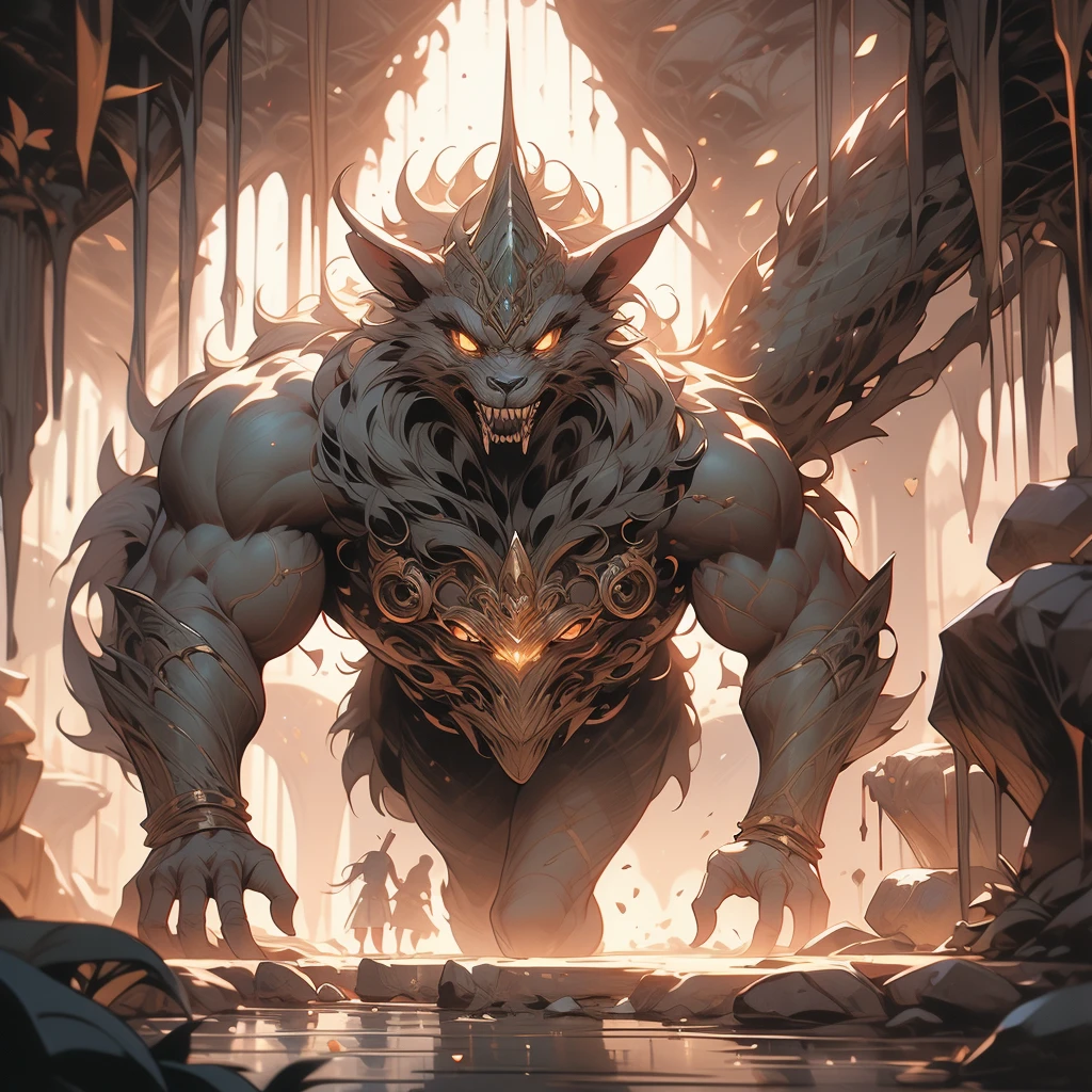 (best quality,4k,highres,masterpiece:1.2),ultra-detailed,realistic:1.37 A group of sexy elven adventurers,clad in revealing yet practical armor, fearlessly face off against a 'roper', a colossal creature that cleverly disguises itself as a stalagmite before launching its numerous tentacles and opening its massive mouth in a terrifying display of power. The elven adventurers, with their flawless features and striking eyes, exude confidence and determination as they brandish their weapons, ready to defend themselves in the depths of a dark and treacherous cave. The cave is illuminated by the soft glow of magical crystals, casting eerie shadows and revealing the intricate details of the adventurers' surroundings. The air is heavy with tension and the scent of damp earth, enhancing the suspenseful atmosphere. The group's strength and unity is palpable as they strategically position themselves, taking advantage of the stalagmites and stalactites for cover. The elven adventurers' elven heritage is evident in their graceful movements and pointed ears, a testament to their otherworldly beauty. The colors in the scene are rich and vibrant, with deep, earthy tones dominating the cave's walls and the adventurers' attire. The lighting is dramatic, casting dramatic shadows and highlighting the adventurers' features. The scene captures a moment frozen in time, masterfully blending fantasy and reality, while mesmerizing the viewer with its attention to detail and artistic craftsmanship. The prompt truly captures the essence of a thrilling scene straight out of a Dungeons & Dragons adventure, inviting the viewer to imagine themselves in the midst of the action.