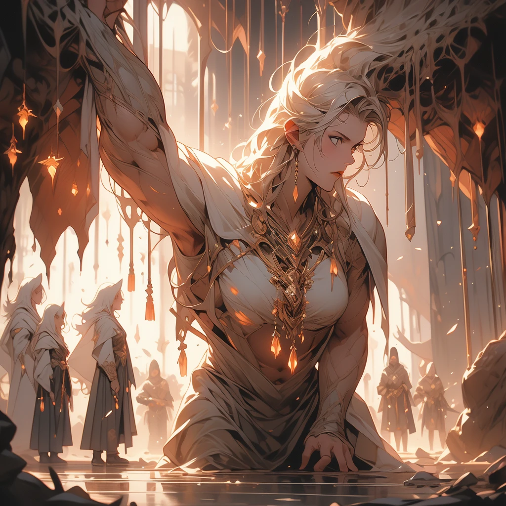 (best quality,4k,highres,masterpiece:1.2),ultra-detailed,realistic:1.37 A group of sexy elven adventurers,clad in revealing yet practical armor, fearlessly face off against a 'roper', a colossal creature that cleverly disguises itself as a stalagmite before launching its numerous tentacles and opening its massive mouth in a terrifying display of power. The elven adventurers, with their flawless features and striking eyes, exude confidence and determination as they brandish their weapons, ready to defend themselves in the depths of a dark and treacherous cave. The cave is illuminated by the soft glow of magical crystals, casting eerie shadows and revealing the intricate details of the adventurers' surroundings. The air is heavy with tension and the scent of damp earth, enhancing the suspenseful atmosphere. The group's strength and unity is palpable as they strategically position themselves, taking advantage of the stalagmites and stalactites for cover. The elven adventurers' elven heritage is evident in their graceful movements and pointed ears, a testament to their otherworldly beauty. The colors in the scene are rich and vibrant, with deep, earthy tones dominating the cave's walls and the adventurers' attire. The lighting is dramatic, casting dramatic shadows and highlighting the adventurers' features. The scene captures a moment frozen in time, masterfully blending fantasy and reality, while mesmerizing the viewer with its attention to detail and artistic craftsmanship. The prompt truly captures the essence of a thrilling scene straight out of a Dungeons & Dragons adventure, inviting the viewer to imagine themselves in the midst of the action.