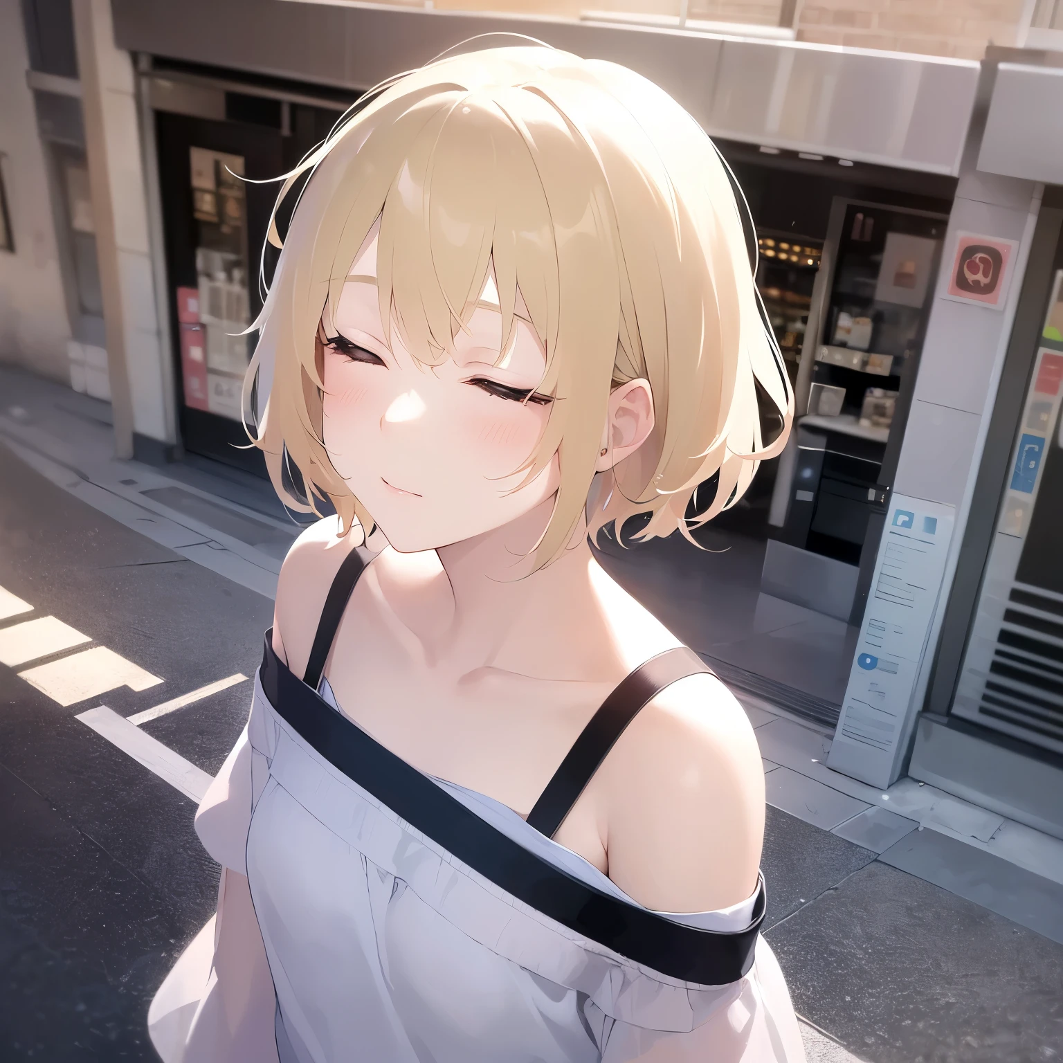 shooting from above、face waiting for kiss、slender, slim, small breasts、Upper Body, Realistic, real person, (pale skin: 1.2), RAW photo, photorealistic, portrait photography, shiny skin, japanese idol、shiny hair、japanese, (25 year old woman with blonde bangs) and (closed eyes:1.3) and (very short hair:1.5), (white) and (off shoulder dress), (blush:1.3), Alone、The background is a shopping street