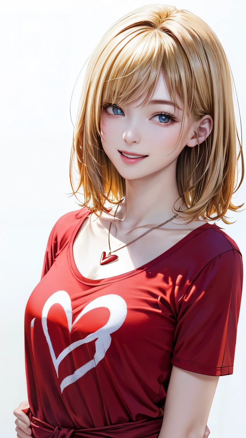 (highest quality、8K、32k、masterpiece)、(realistic)、(Photoreal:1.2)、(High resolution)、Super detailed、very beautiful face and eyes、1 girl、round and small face、thin waist、delicate body、(highest quality、high detail、Rich skin details)、(realistic、realistic:1.37)、bright colors、(((blonde)))、(((full body shot)))、(((medium hair)))、(((It&#39;With stylish hairstyle)))、(((pure white wall background)))、(((pure white wall background)))、(((I&#39;laughing)))、(((Wearing a red T-shirt)))、(((English characters are written on the front of the T-shirt)))、(((fold your arms in front of your chest)))、(((I'm winking)))、(((She is wearing a stylish heart-shaped necklace.)))