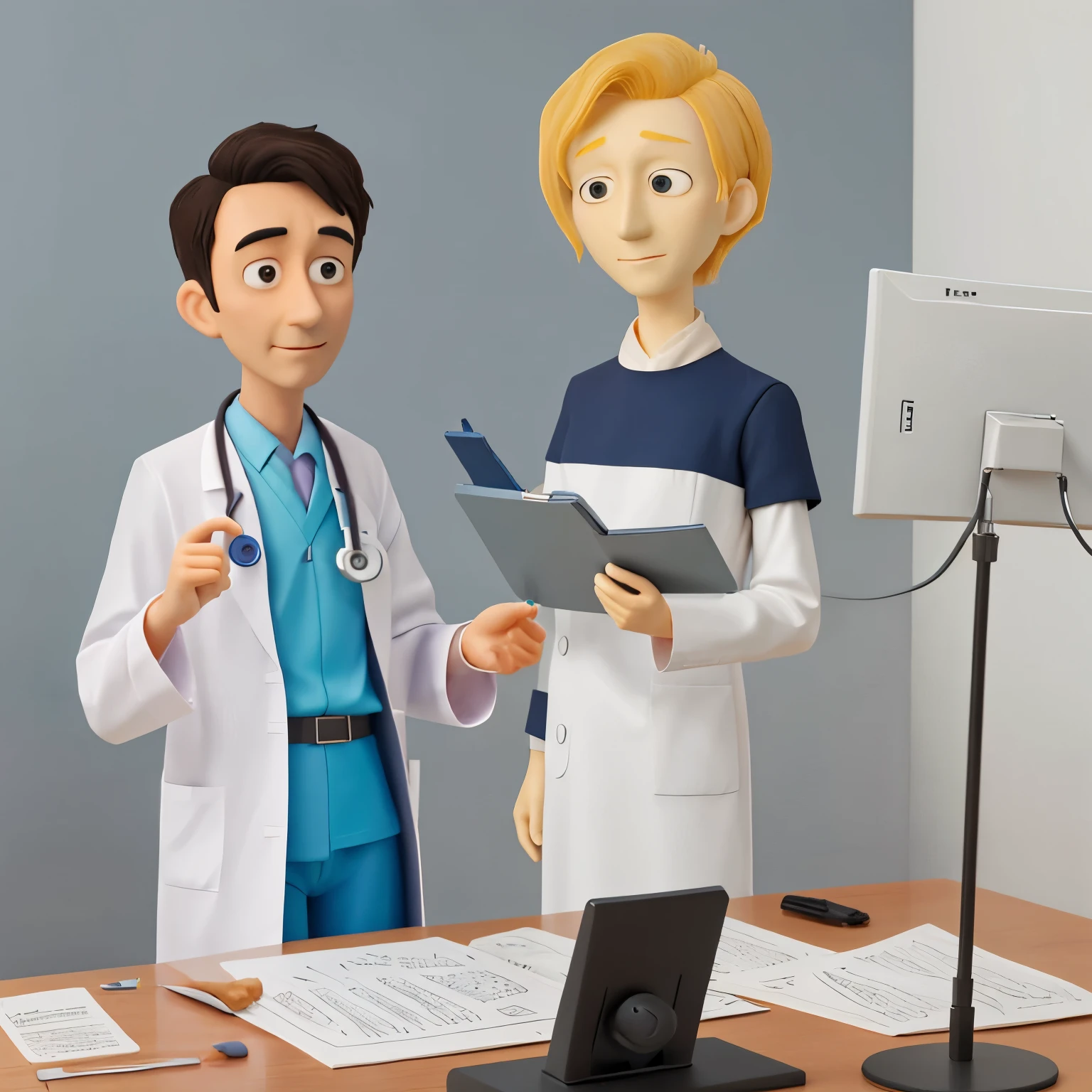 Estilo Pixar, homem branco, alto, 33 anos, fisioterapeuta, big forhead, olhos castanhos, wears black rounded frame glasses, cabelos penteados de lado e preto. Vestido em um jaleco, in a physiotherapy office, ao fundo um raio x e uma gravura do homem vituviano de da vinci