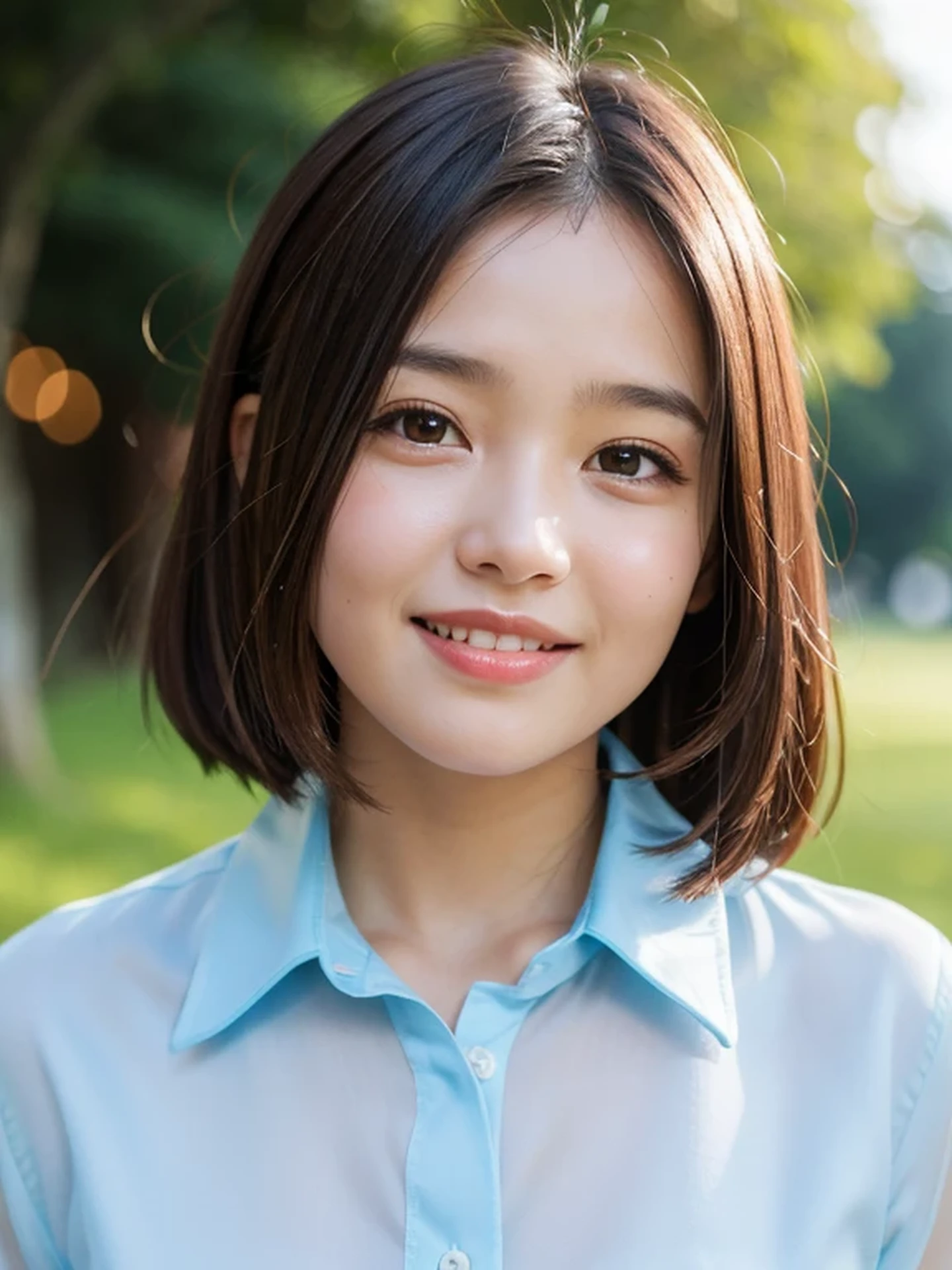 masterpiece, Best Quality, Raw photo, 8K, ultra-detailed face, 1girl, Beautiful detailed skin, backlight, soft light, bashful, (shoot from front:1.2), smile, Luminescent, Anatomically correct, Medium hair swaying in the wind, Eyes and faces with detailed, Textured skin, Professional Photography, Bokeh, Portrait, Professional Lighting, Solo, Cute, Girly, Film grain, silk dress shirt, Summer Hills,