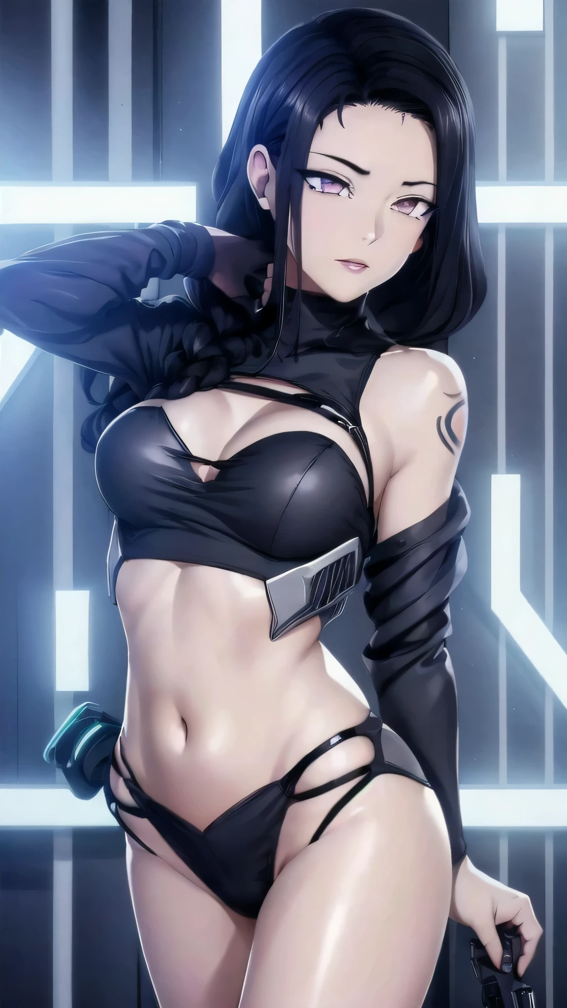 (masterpiece), best quality. expressive eyes, perfect,Detailed Face (Expressive Detailed Eyes) Beautiful,Gorgeous.lntricate Hair,Ultra-Detailed, Correct Proportions,Best Texture,a female anime style character,4k,HD, high Detailips,high detail hair,High detail skin,high detail body, High detail close,full body,one bare shoulder,looking at viewer,depth of field,black short hair with vines and braids,skinny,medium ,1girl,robotic Hands,cyborg,Fleshy Lips,pink glossy lips,blue glowing eyes,pale skin,rose tattoo on har leg,scar over left eye,black Sleeveless Mock-Neck Cut-Out,Clothes Buckle Punk Crop Top,black bulletproof vest,black,utility belt,black High Heels Platform,Black holster,Drop Leg holster,exoskeleton,gun holster, Knife hoster,one Open-Ear Earbud,Sirius face, streaked hair, hair stick, skull mask, short shorts, (narrow_waist),