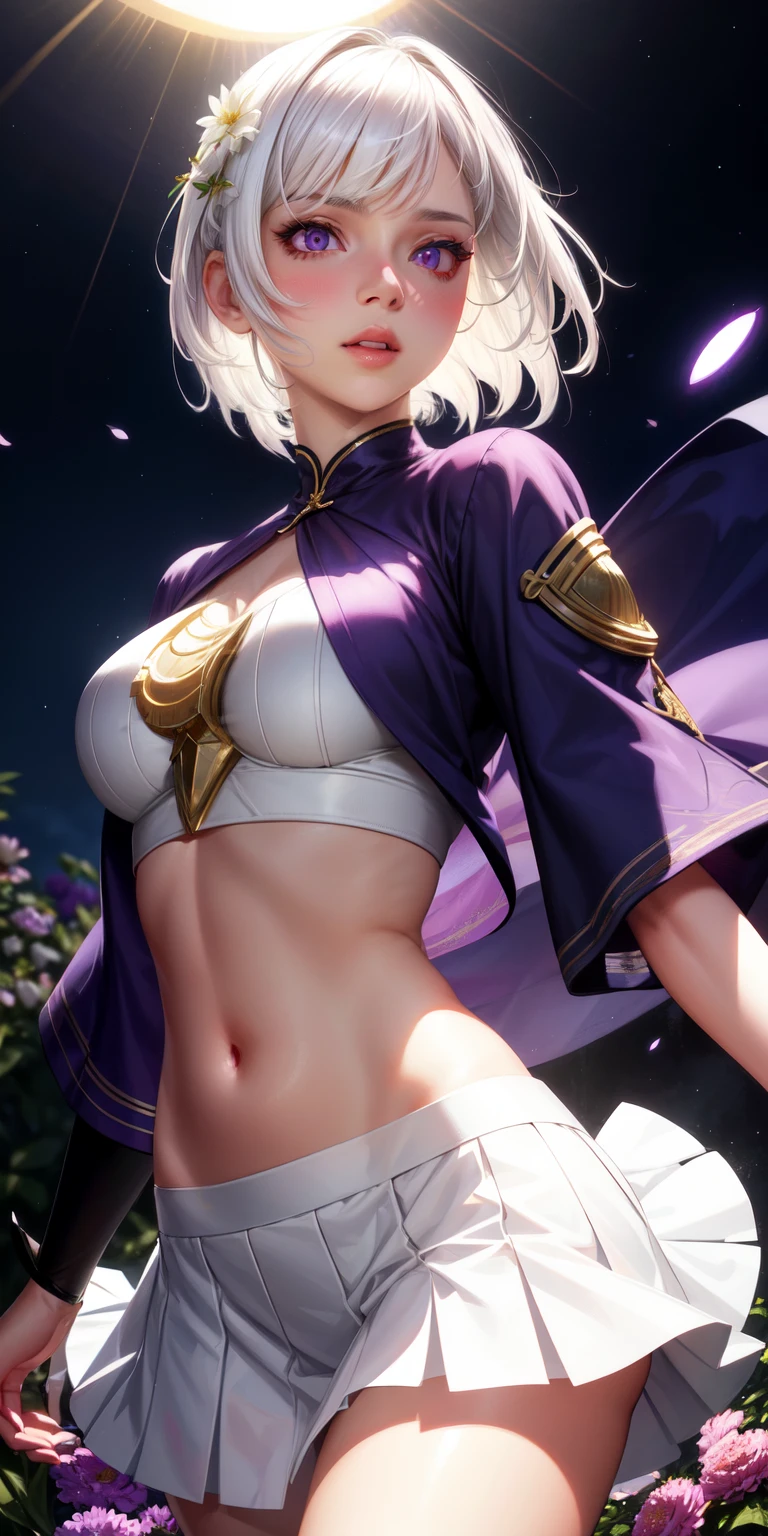 realistic, 1girl, white hair, purple eyes, glowing eyes, crop top, skirt, parted lips, blush, night, flowers, sun, sunlight,