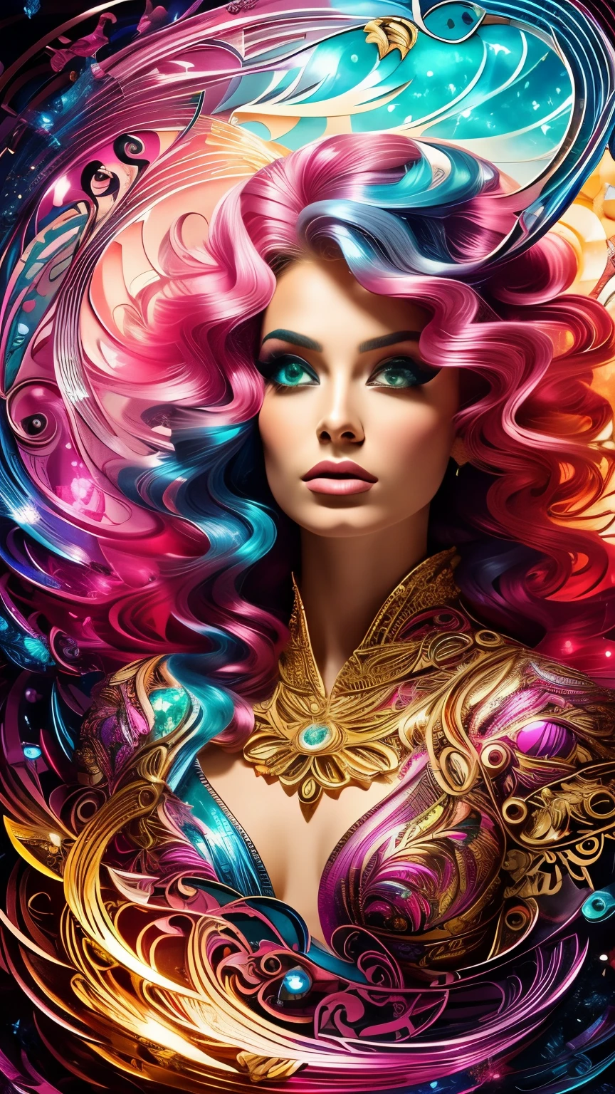 beautiful personified god image, quality, super fine, 16k, incredibly absurdres, extremely detailed, kaleidoscope of (Cyberpunk:0.3), steampunk, dieselpunk, and clockpunk, kaleidoscope made of hot pink and sparkling gold plated and sparkling silver plated and finely crushed colorful gemstones, blend art, mixture art, fractal art, zentangle art, design art, versatile visual style that combines various artistic elements, including sparkling iridescent pastels and vibrant colors