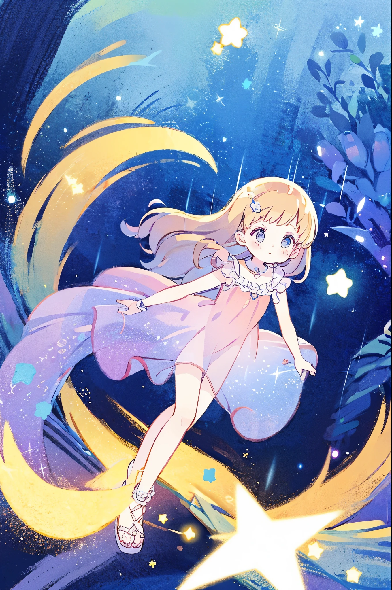 complex background, wishing star background, a woman wearing an ethereal mystical pink translucent dress that reflects the stars, perfume promo art, mystic, complex drawing, highly detailed, Covergirl brand, promo art, artistic rendition, ethereal, starry night, midjourney style, beautiful face