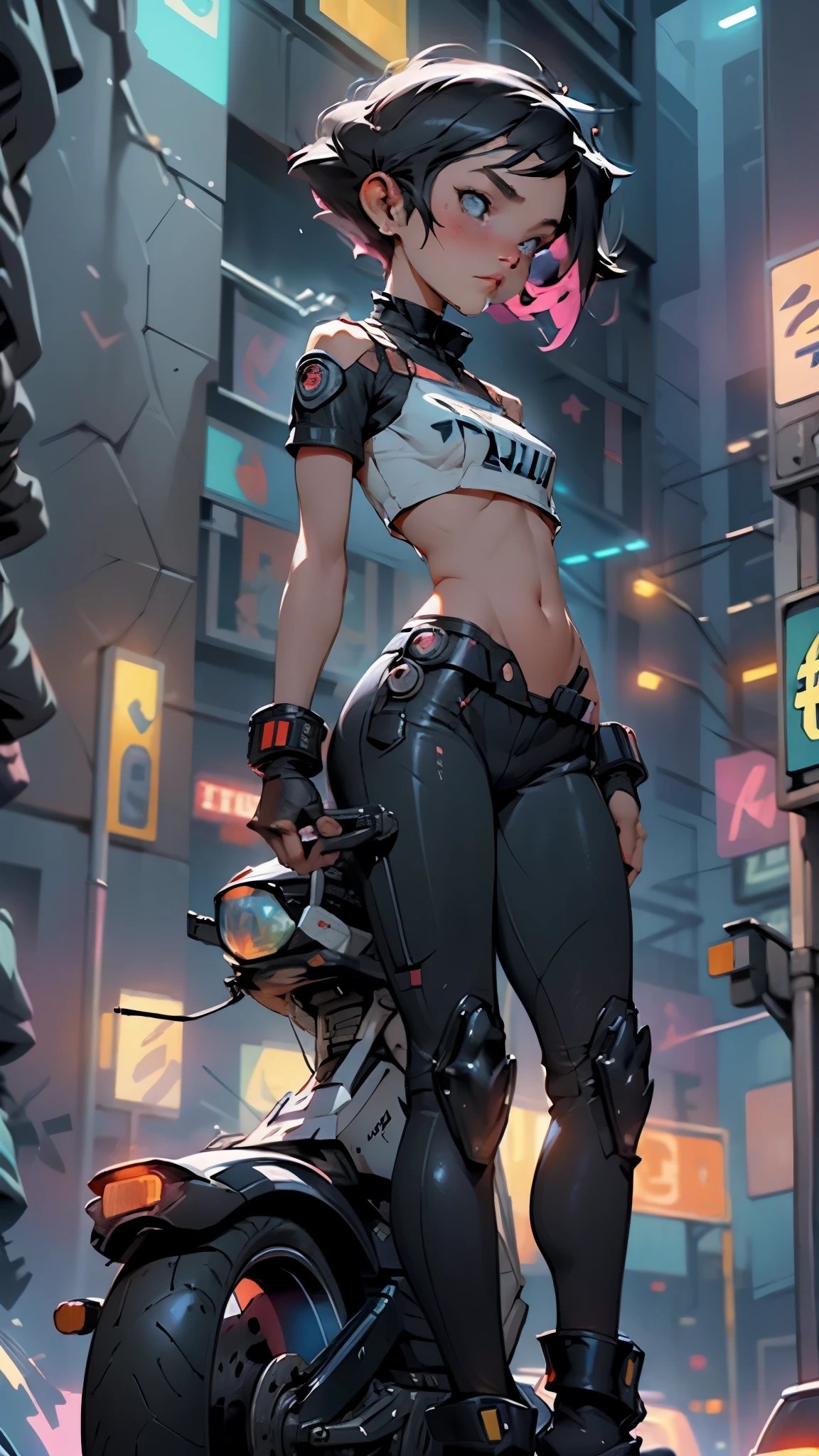 Beautiful woman medium hair, wearing cap, cyberpunk style short clothes, cyberpunk police woman, tomboy, Traffic Police, flying futuristic police motorcycle, police hovercycle patrol, night, neons,
(nsfw:0.55), ((flat chested, flat stomach, baby face)), (intense colors)