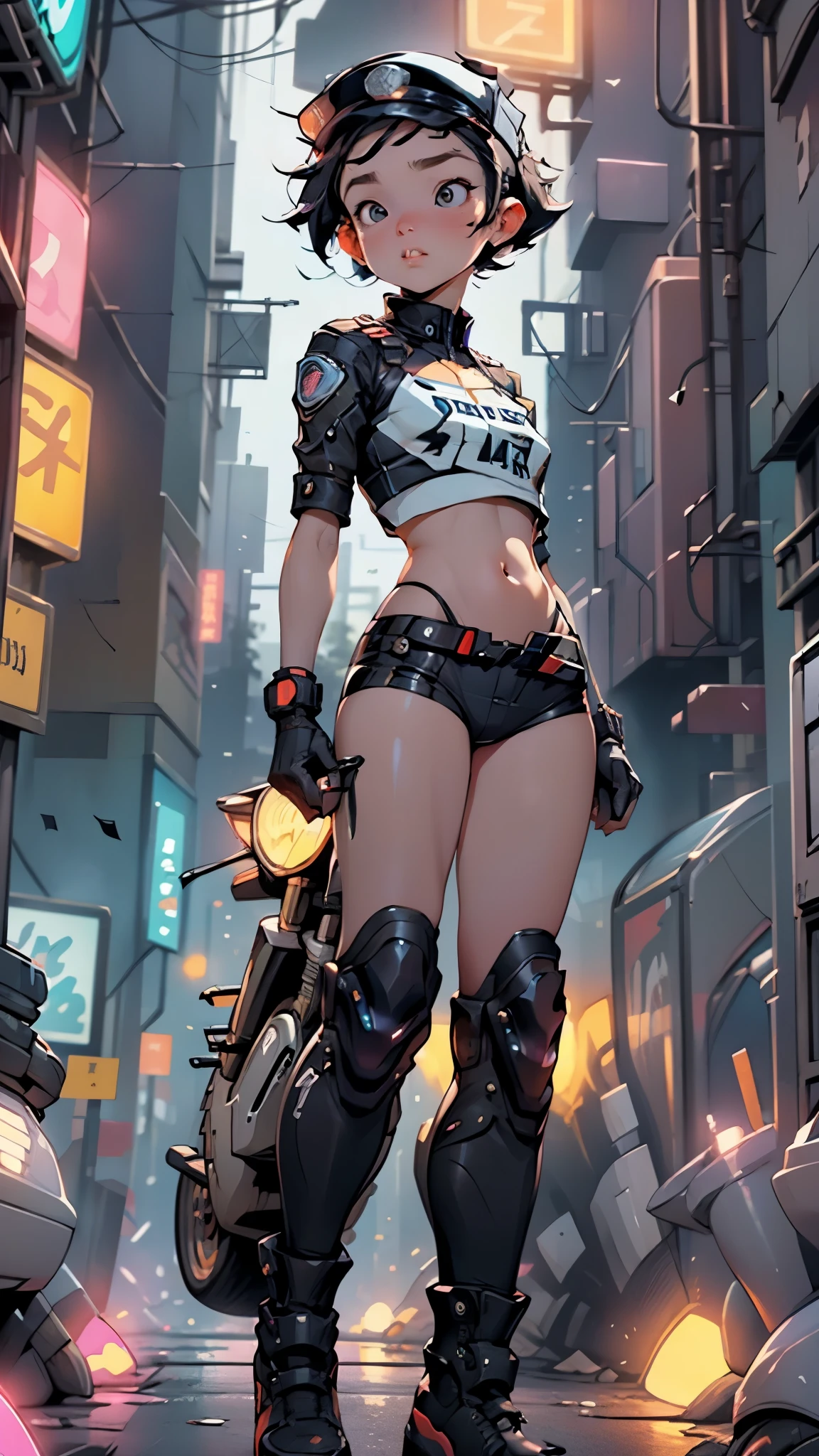 Beautiful woman medium hair, wearing cap, cyberpunk style short clothes, cyberpunk police woman, tomboy, Traffic Police, flying futuristic police motorcycle, police hovercycle patrol, night, neons,
(nsfw:0.55), ((flat chested, flat stomach, baby face)), (intense colors)