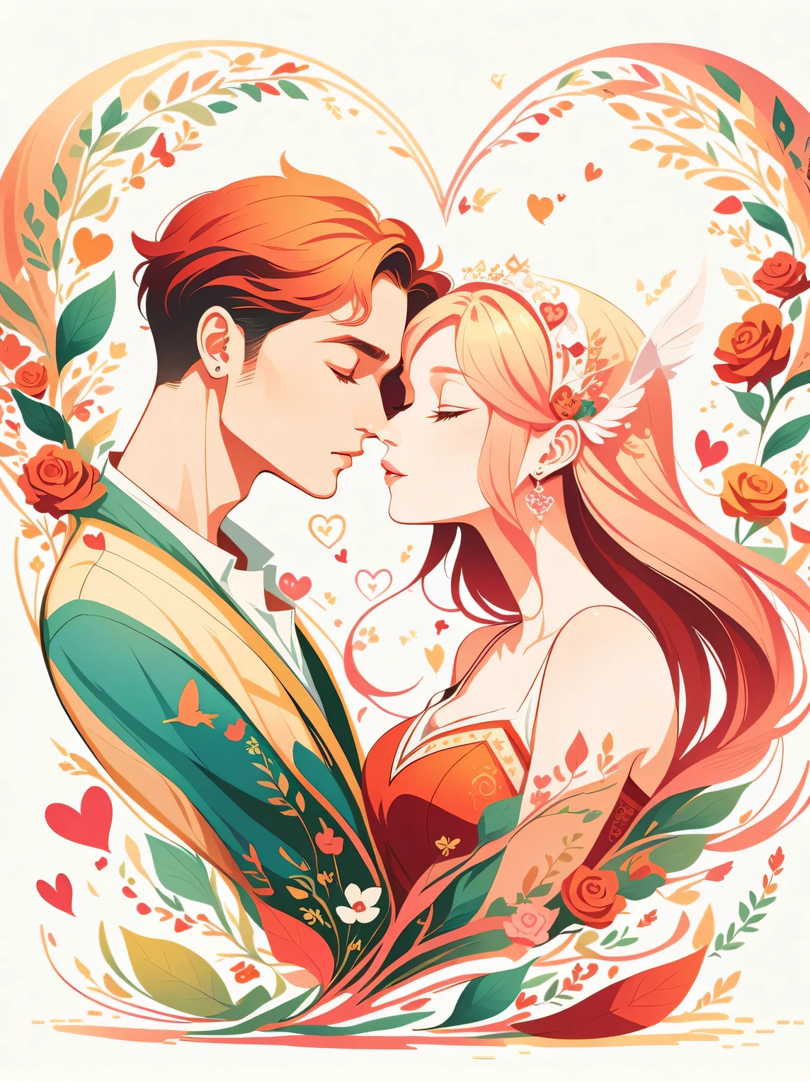 A cartoon-style illustration of lovers kissing, surrounded by Valentine's Day elements. The scene is vibrant and filled with hearts, Cupid's arrows, and pink and red decorations. Both characters exhibit exaggerated, joyful expressions of love, with their eyes closed in a blissful kiss. The background is adorned with symbols of romance, such as roses, chocolates, and a banner proclaiming 'Happy Valentine's Day,' all rendered in a playful, animated aesthetic