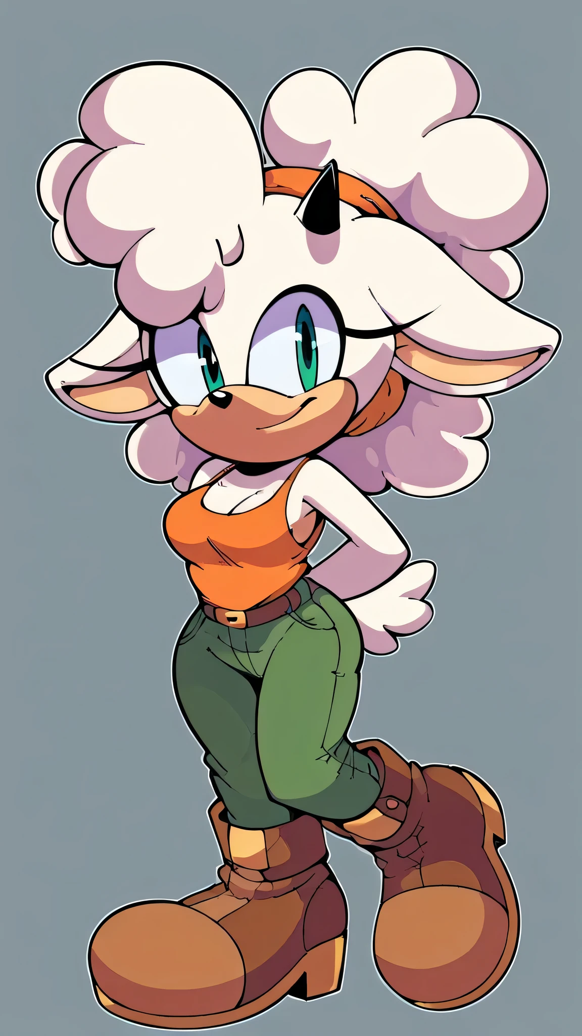 1girl, solo, score_9, score_8_up, flat color, flat shading, 1girl, solo, lanolin the sheep, sonic (series), wide hips, medium breasts, orange tank top, green pants, brown boots, arms crossed, smirking