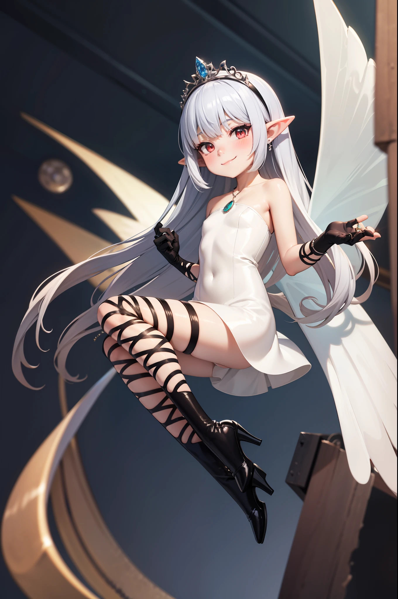 villain, levitating above a tiny city, full body, energy drain, towering, white hair, gradient hair, pointy ears, pendant, strapless dress, white dress, fairy wings, arm wrap, black gloves, leg wrap, black footwear, flat chest, mean, smirk, very thin, skinny legs, confident, arrogant, (sexy stockings:0.7), tiara, glowing red eyes, makeup, blush, eye shadow, wearing lots of luxurious jewelry, rings, pearls, necklaces, chain jewelry, flawless shiny silver hair, black heels, looking at viewer, from below, solo,