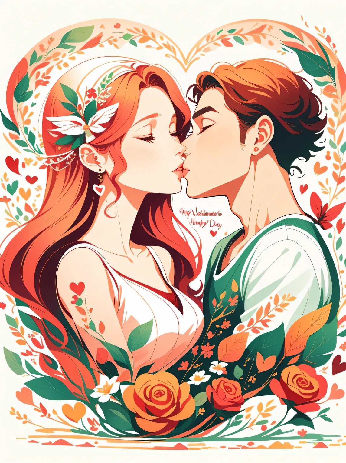 A cartoon-style illustration of lovers kissing, surrounded by Valentine's Day elements. The scene is vibrant and filled with hearts, Cupid's arrows, and pink and red decorations. Both characters exhibit exaggerated, joyful expressions of love, with their eyes closed in a blissful kiss. The background is adorned with symbols of romance, such as roses, chocolates, and a banner proclaiming 'Happy Valentine's Day,' all rendered in a playful, animated aesthetic