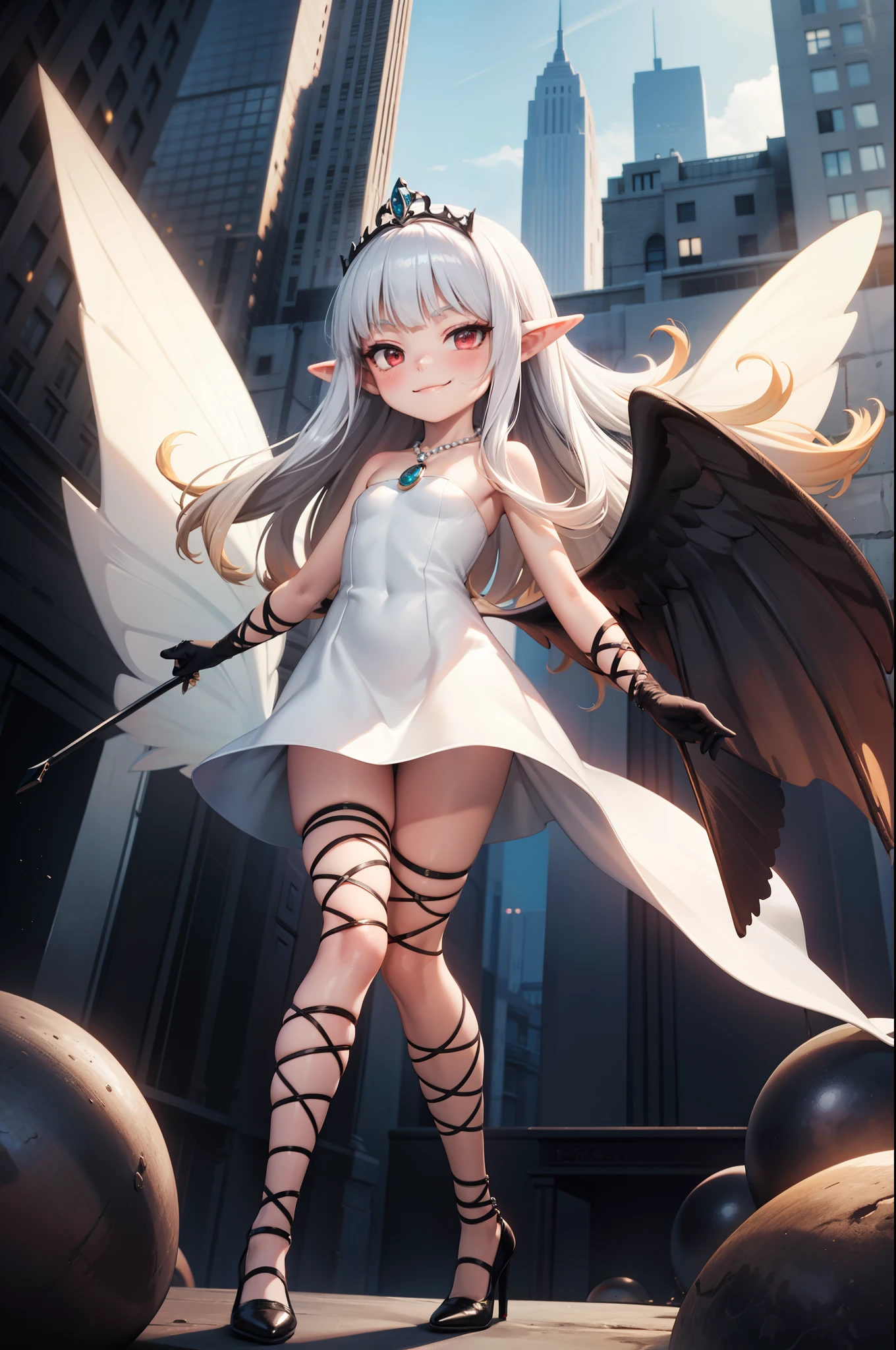 villain, levitating above a tiny city, full body, energy drain, towering, white hair, gradient hair, pointy ears, pendant, strapless dress, white dress, fairy wings, arm wrap, black gloves, leg wrap, black footwear, flat chest, mean, smirk, very thin, skinny legs, confident, arrogant, (sexy stockings:0.7), tiara, glowing red eyes, makeup, blush, eye shadow, wearing lots of luxurious jewelry, rings, pearls, necklaces, chain jewelry, flawless shiny silver hair, black heels, looking at viewer, from below, solo,