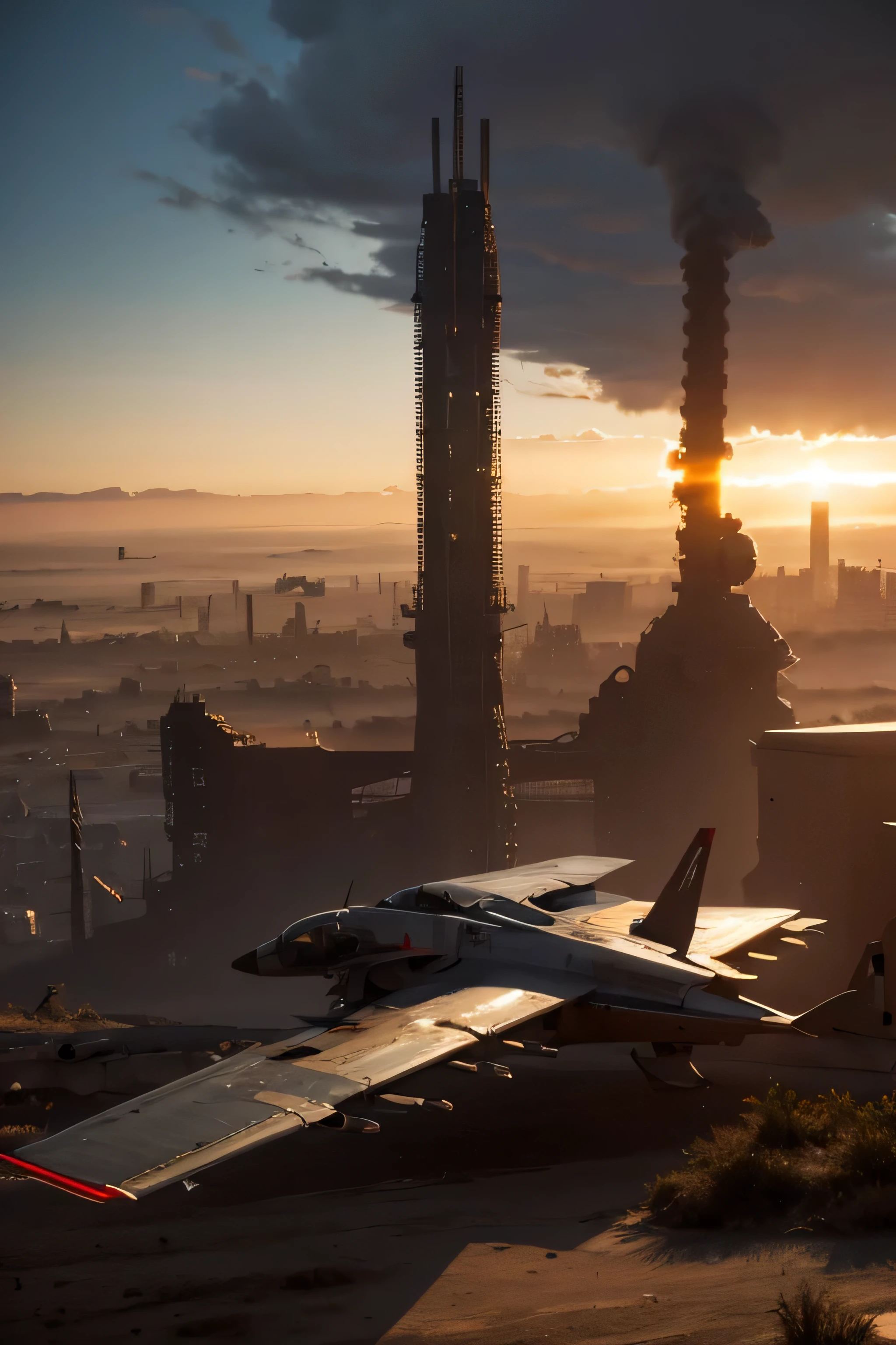 A wasteland-style spaceship,Explode in the air,The engine smoked black,The ship is surrounded by a group of small red wasteland-style aircraft,The background is an abandoned city,Towering industrial towers are everywhere and there is some withered vegetation,The storm swept through,Mist light,low saturation,Cinematic shot-style,Unreal Engine,trending on artstation