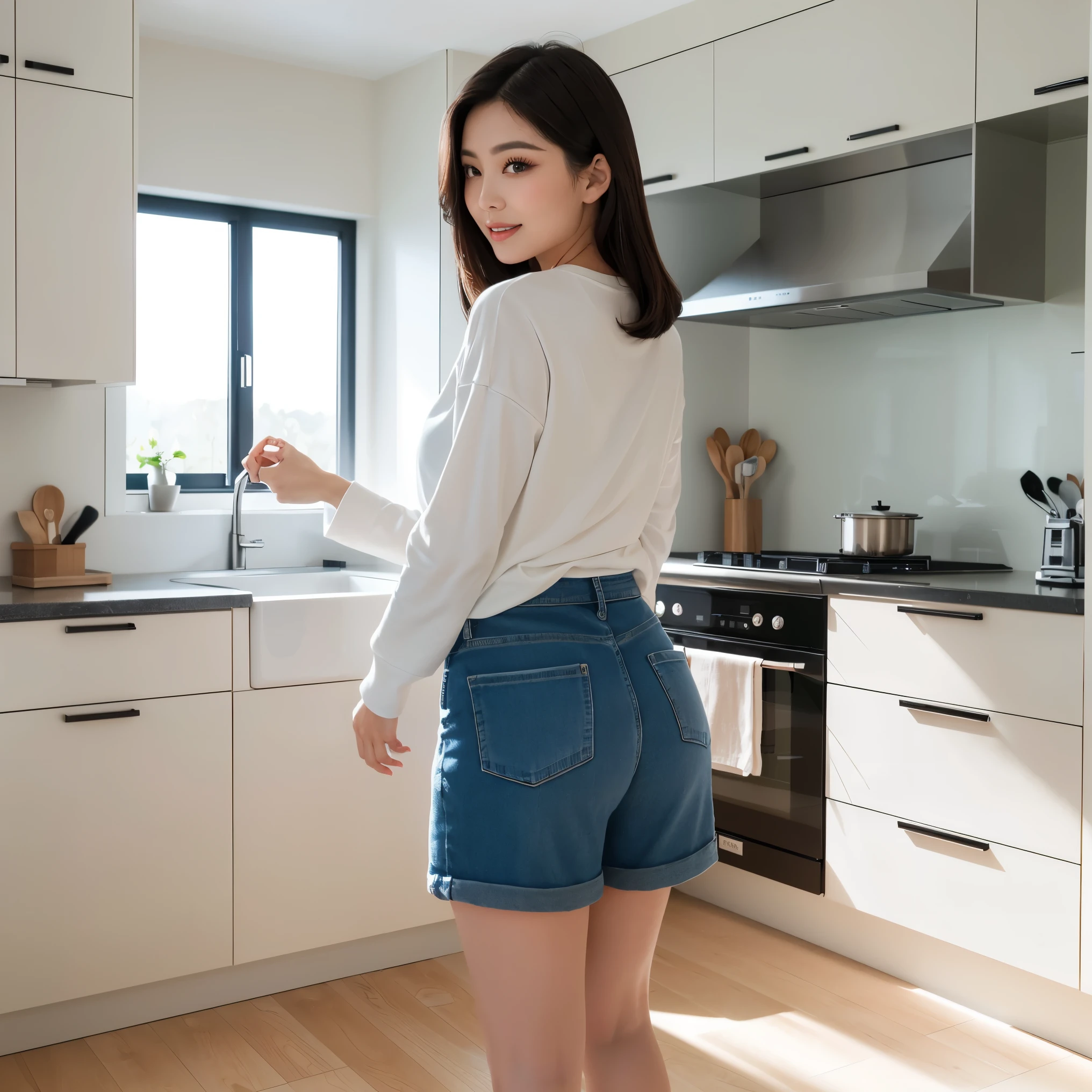 (highest quality、masterpiece、8K、best image quality、hyper realism、Award-winning work)、1 female、(solo:1.1)、(Simple thin long sleeve T-shirt:1.1)、(short shorts:1.1)、(The most natural and practical kitchen:1.1)、(Perfectly organized and clean kitchen:1.1)、(modern and elegant kitchen:1.1)、(Perfect kitchen with state-of-the-art induction:1.1)、(Beautiful modern kitchen with a unified feel:1.1)、(standing elegantly:1.2)、(full body photo:1.1)、(thick legs:1.2)、(Rear view:1.2)、(pointing your butt at me:1.1)、(Looking back at me:1.1)、accurate anatomy、perfect makeup、long eyelashes、glossy lips、Ultra high definition glossy skin、(Ultra-high definition bright and beautiful skin:1.1)、超高精細のglossy lips、Super high definition beautiful teeth