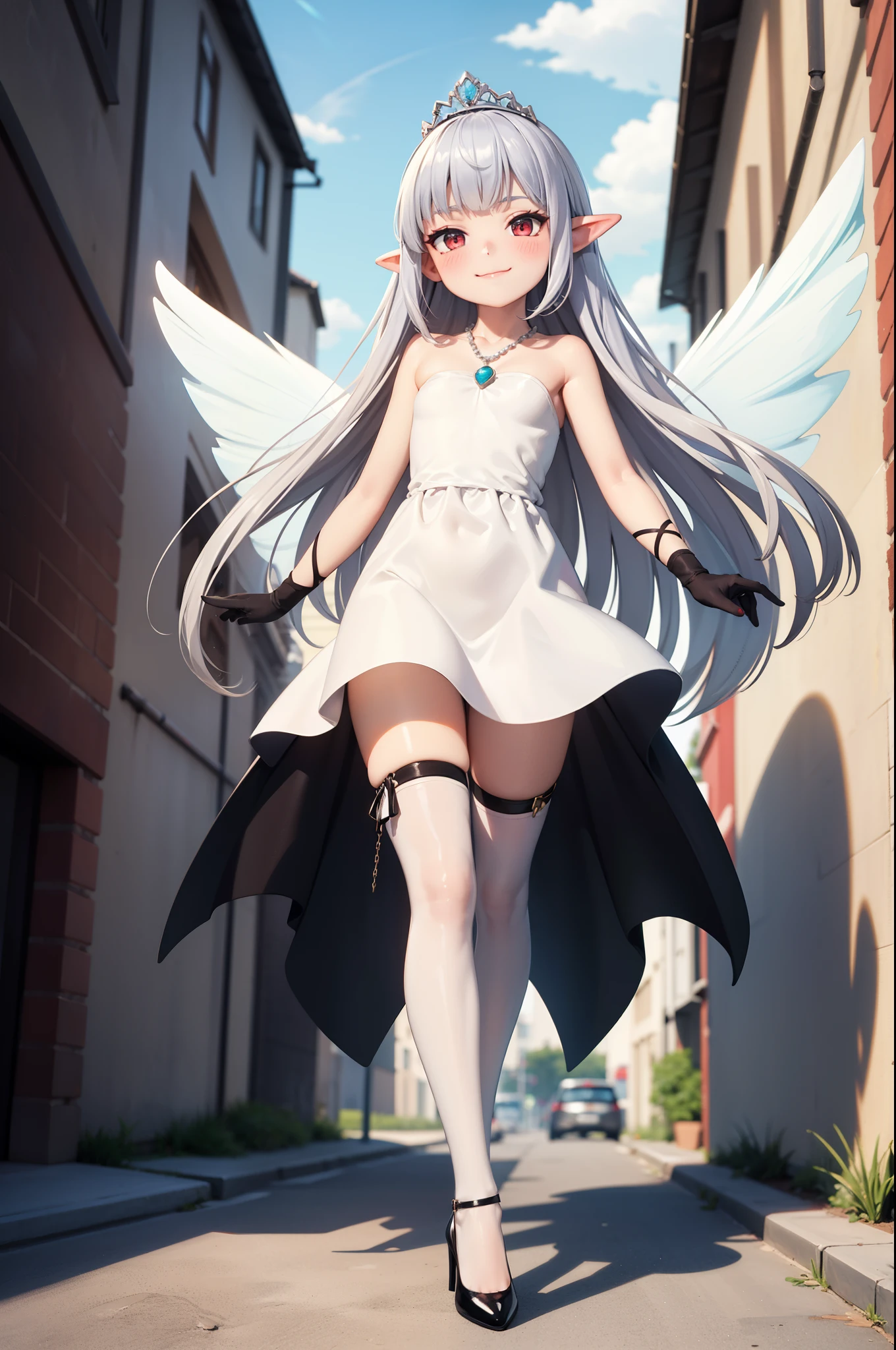 towering girl, gigantic princess, giant goddess, villain, walking on a shrunken city, full body, energy drain, white hair, gradient hair, pointy ears, pendant, strapless dress, white dress, fairy wings, arm wrap, black gloves, leg wrap, black footwear, flat chest, mean smug smile, very thin, skinny legs, confident, arrogant, (sexy stockings:0.7), tiara, glowing red eyes, makeup, blush, eye shadow, rings, pearls, necklaces, chain jewelry, flawless shiny silver hair, black heels, looking at viewer, from below, solo,