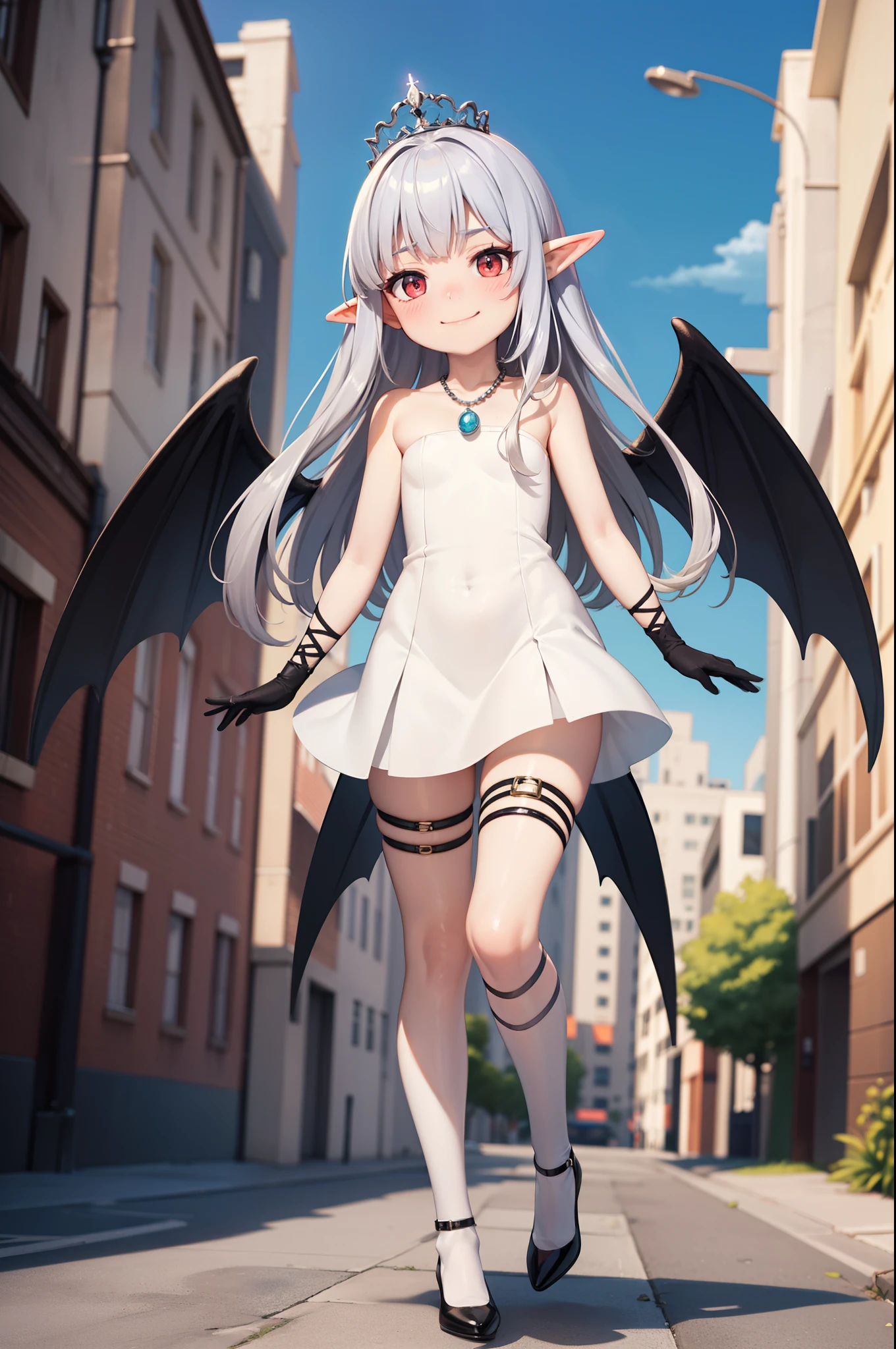 towering girl, gigantic princess, giant goddess, villain, walking on a shrunken city, full body, energy drain, white hair, gradient hair, pointy ears, pendant, strapless dress, white dress, fairy wings, arm wrap, black gloves, leg wrap, black footwear, flat chest, mean smug smile, very thin, skinny legs, confident, arrogant, (sexy stockings:0.7), tiara, glowing red eyes, makeup, blush, eye shadow, rings, pearls, necklaces, chain jewelry, flawless shiny silver hair, black heels, looking at viewer, from below, solo,