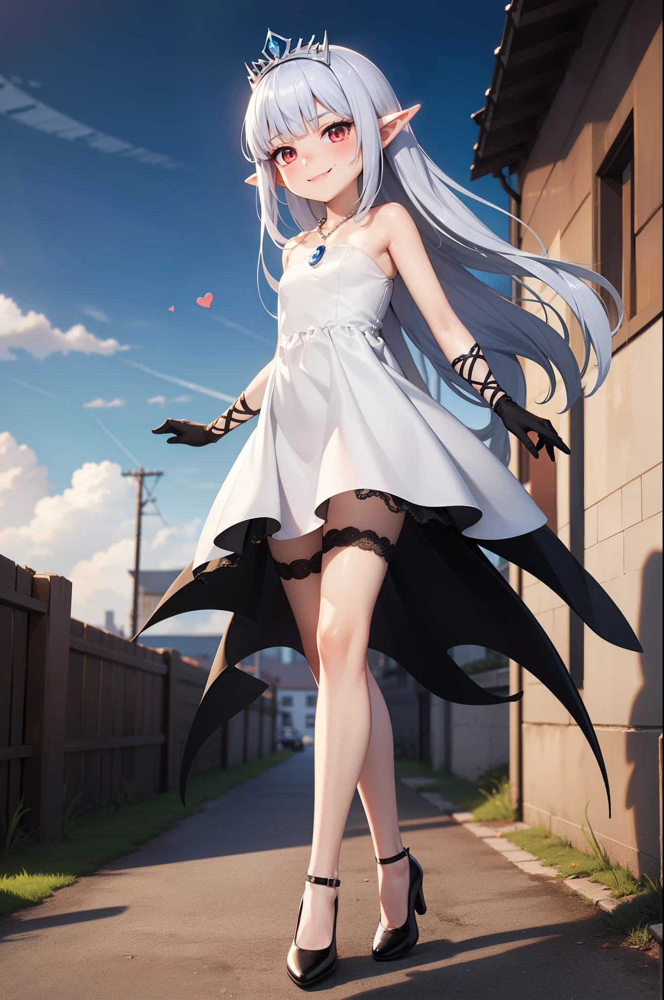 shrunken landscape, towering girl, gigantic princess, giant goddess, villain, walking on a sized-down city, full body, energy drain, white hair, gradient hair, pointy ears, pendant, strapless dress, white dress, fairy wings, arm wrap, black gloves, leg wrap, black footwear, flat chest, mean smug smile, very thin, skinny legs, confident, arrogant, (sexy stockings:0.7), tiara, glowing red eyes, makeup, blush, eye shadow, rings, pearls, necklaces, flawless shiny silver hair, black heels,  love spell, flying hearts, looking at viewer, from below, solo,