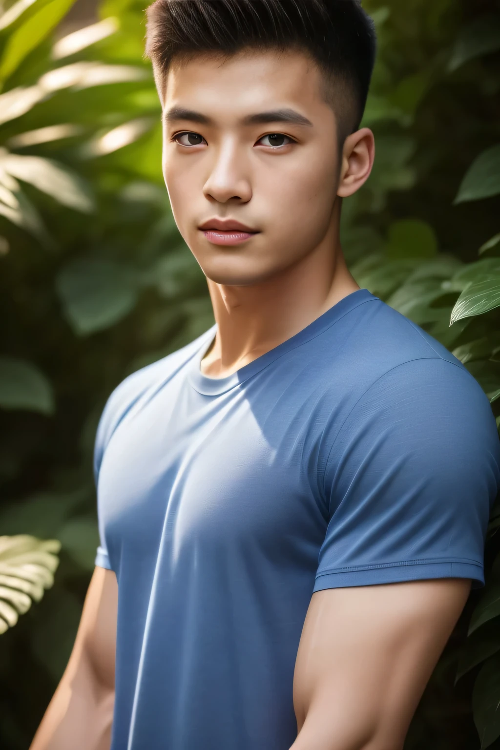 Man in his 20s posing for photo, Wear a navy shirt.................., high resolution, masterpiece, best quality, head:1.3,((Hasselblad Photography)), Delicate skin, clear focus, (movie lighting), at night, soft light, dynamic angle, [:(Detailed face:1.2):0.2],(((exercise))), external