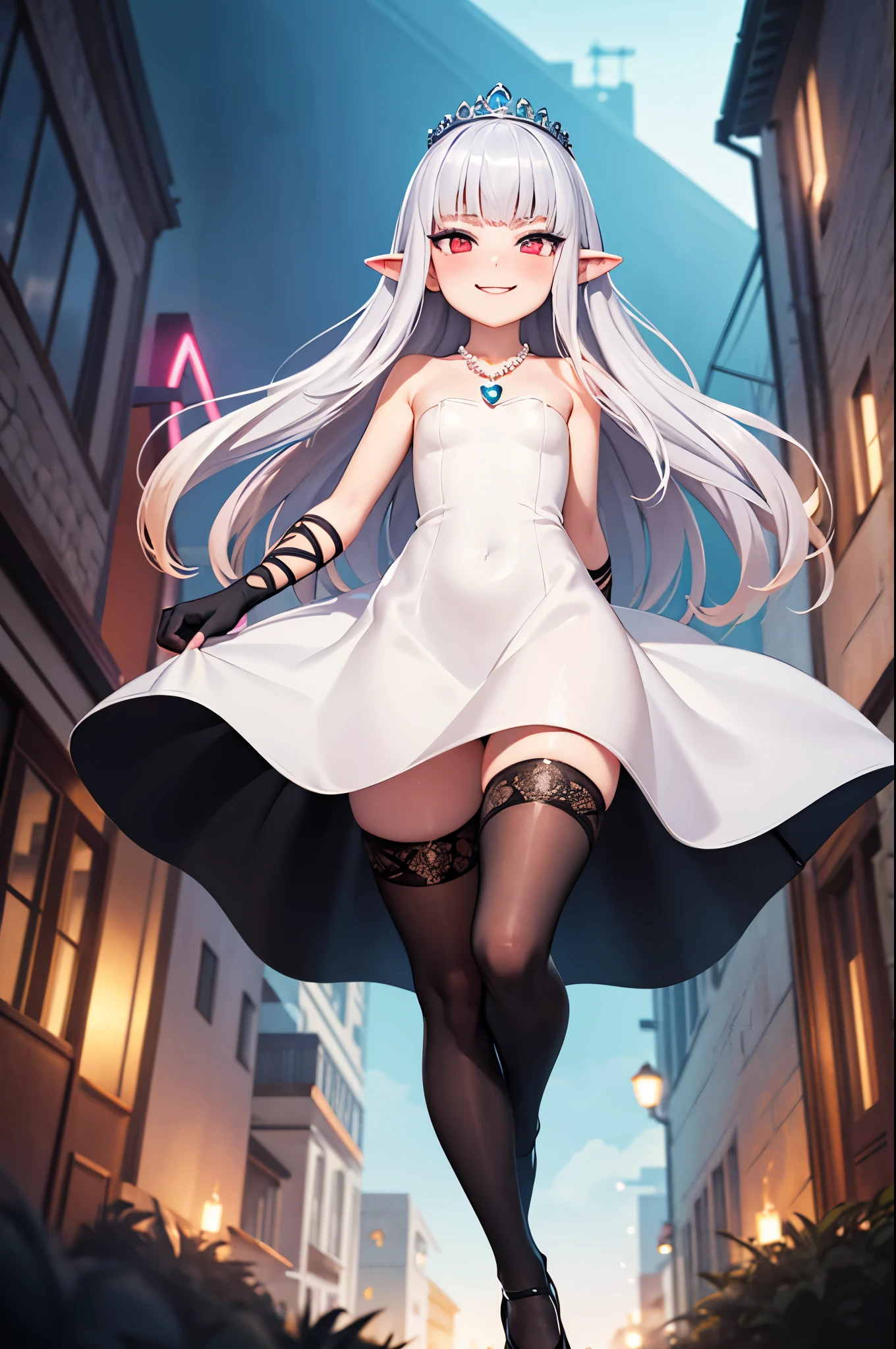 shrunken landscape, towering girl, gigantic princess, giant goddess, villain, walking on a sized-down city, full body, energy drain, white hair, gradient hair, pointy ears, pendant, strapless dress, white dress, fairy wings, arm wrap, black gloves, leg wrap, black footwear, flat chest, mean smug smile, very thin, skinny legs, confident, arrogant, sexy stockings, tiara, glowing red eyes, makeup, blush, eye shadow, rings, pearls, necklaces, flawless shiny silver hair, black heels, (love spell:1), flying hearts, looking at viewer, from below, solo,