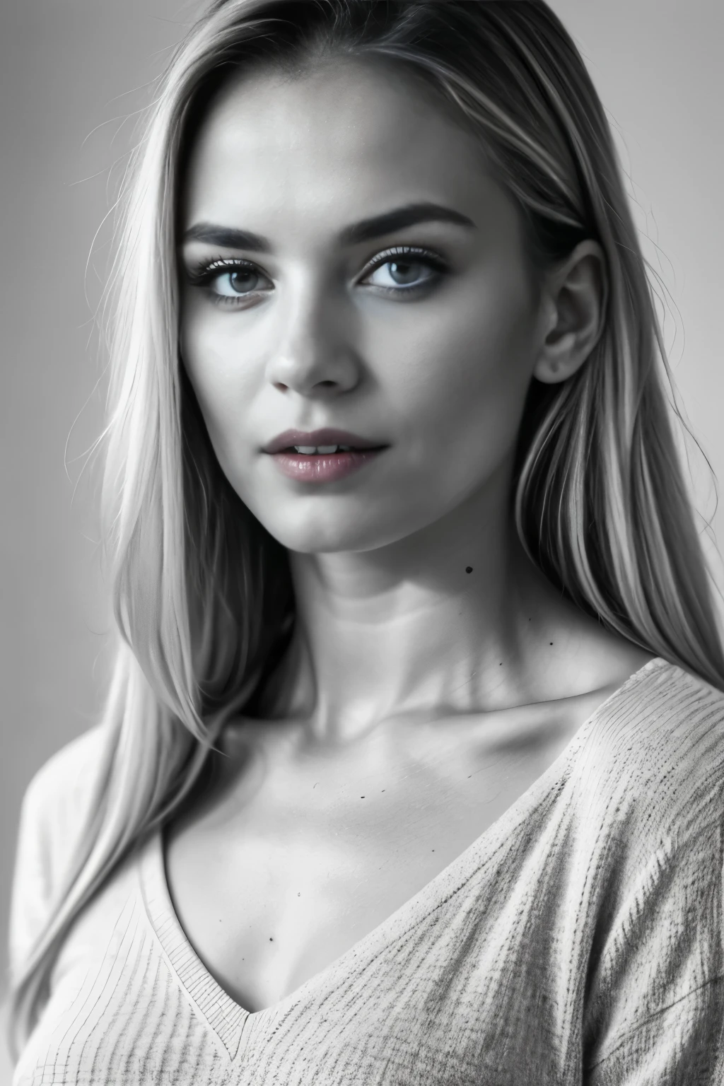 beautiful russian woman, 1 person, blonde, straight hair, (facing forward), photorealistic, light knit v-neck shirt, Raw photo, ((monochrome photography)), ((Only the lips are red)), detailed skin texture, detailed eyes, Super detailed, 8K, highest quality, ultra high resolution, masterpiece
