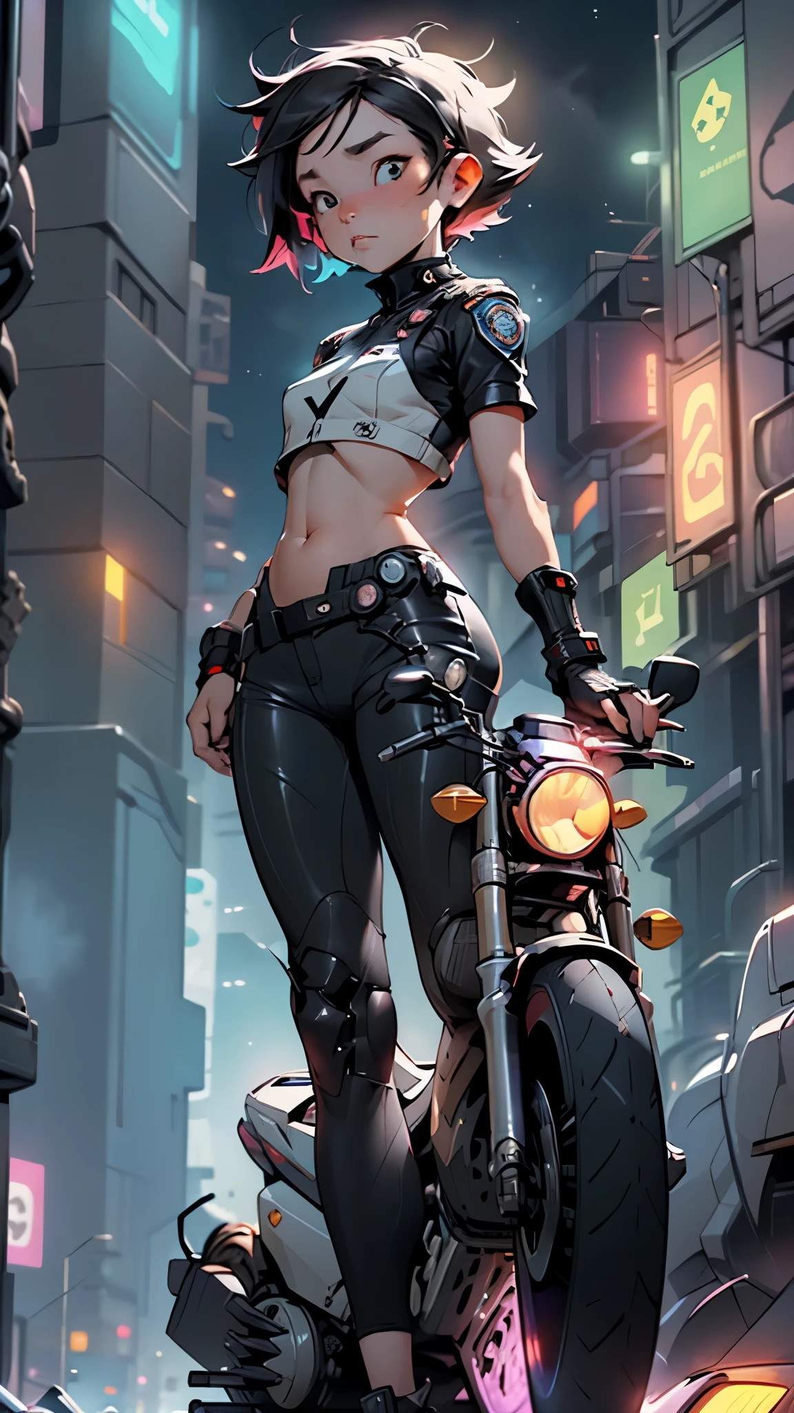 Beautiful woman medium hair, wearing cap, cyberpunk style short clothes, cyberpunk police woman, tomboy, Traffic Police, flying futuristic police motorcycle, police hovercycle patrol, night, neons,
(nsfw:0.55), ((flat chested, flat stomach, baby face)), (intense colors)