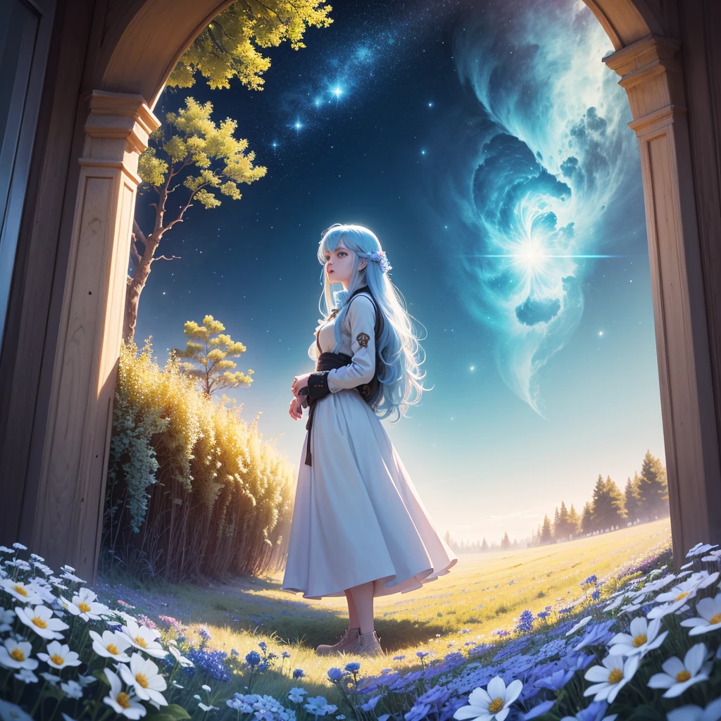 (absurdres, highres, ultra detailed, UHD, cinematic), solo, 1girl, mature, happy, girl standing in light blue flower field, light blue flower petal surrounding girl, full body, blue long hair girl, light blue hair, fantasy, dreamy, snowy, official art, pop art, profile, ultra detailed face, ultra detailed eyes, light blue flower field, ultra detailed field, white blue sky, cold, light blue, white,  nebula in the sky, blue tree, watercolor, pastel color