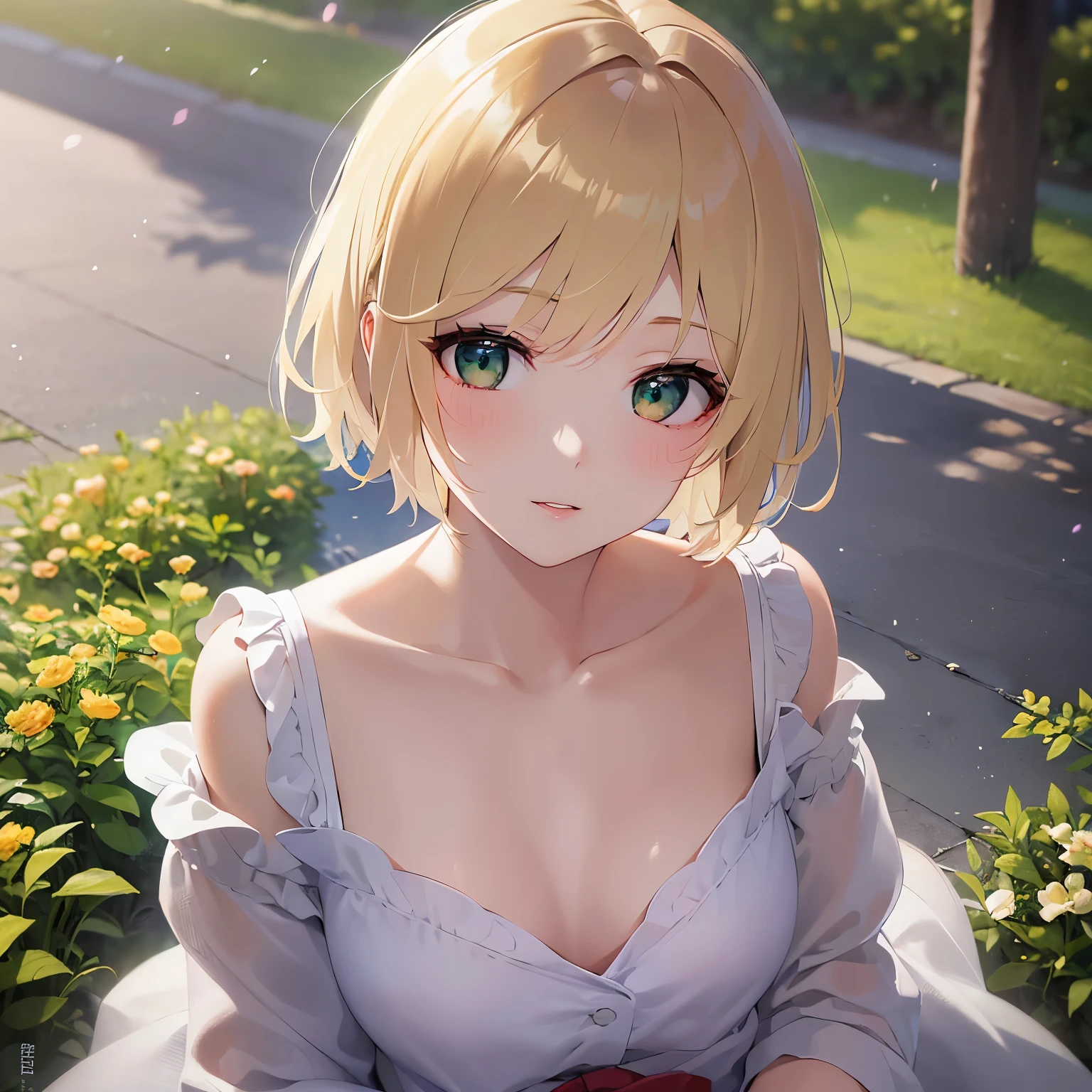 Placing hand on chest、Biologically correct five fingers、shooting from above、face waiting for kiss、slender, slim, small breasts、Upper Body, Realistic, real person, (pale skin: 1.2), RAW photo, photorealistic, portrait photography, shiny skin, japanese idol、shiny hair、japanese, (25 year old woman with blonde bangs) and (green eyes:1.3) and (very short hair:1.5), (white) and (off shoulder dress), (blush:1.3), Alone、The background is a park