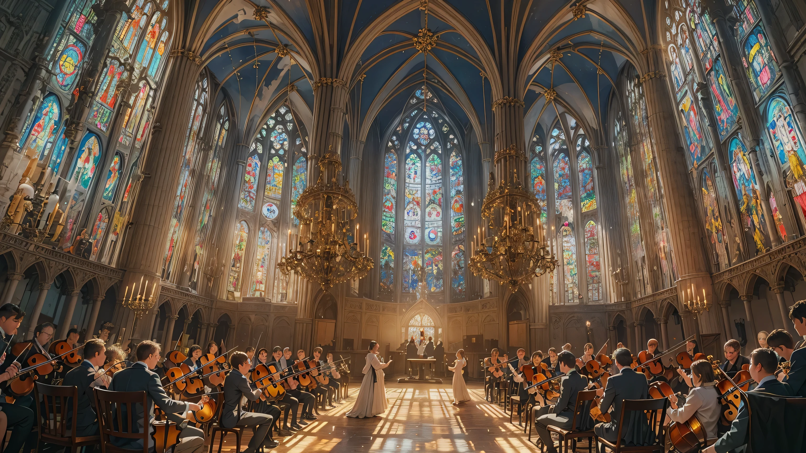 perfect anatomy, masterpiece:1.4, best quality, 8k, beautiful detailed grow, daydreaming expression, panoramic ((Classic Orchestra Style)) 30 people in a Formal attire, (((The orchestra is playing))), in the Beautiful stained glass church, break, divine lighting effect.