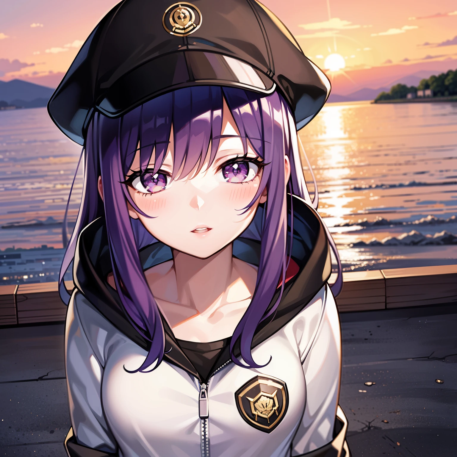 ((1girl, solo)), purple hair, long hair, purple eyes, grey, +_+, long sleeves, smile, (((parted lips))), hood down, (badge on hat), symbol-shaped pupils, looking at viewer, details eyes, absurdres, half body, ((sunset)), top view, (day time, sunny)