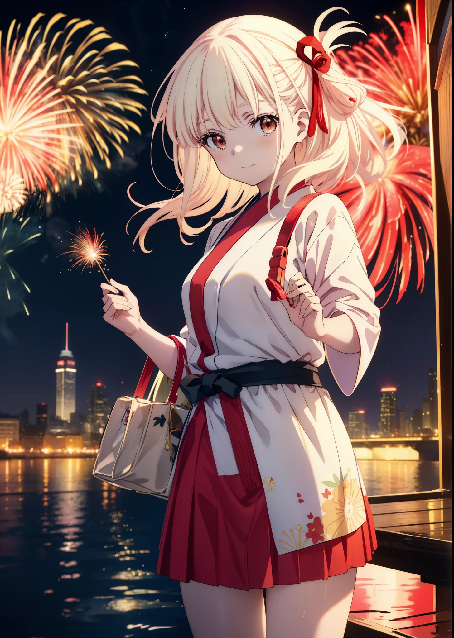 chisatonishikigi, Chisato Nishikigi, long hair, bangs, blonde hair, (red eyes:1.5), smile,blush,hair ribbon, hair tied back,light red yukata,mini skirt,Zori sandals,fireworks in the night sky,fireworks,The place is a fireworks display,Time is night、sunny day,turn around,So that the whole body goes into the illustration,
break outdoors, shrine,祭り
break looking at viewer, (cowboy shot:1.5),
break (masterpiece:1.2), highest quality, High resolution, unity 8k wallpaper, (figure:0.8), (detailed and beautiful eyes:1.6), highly detailed face, perfect lighting, Very detailed CG, (perfect hands, perfect anatomy),