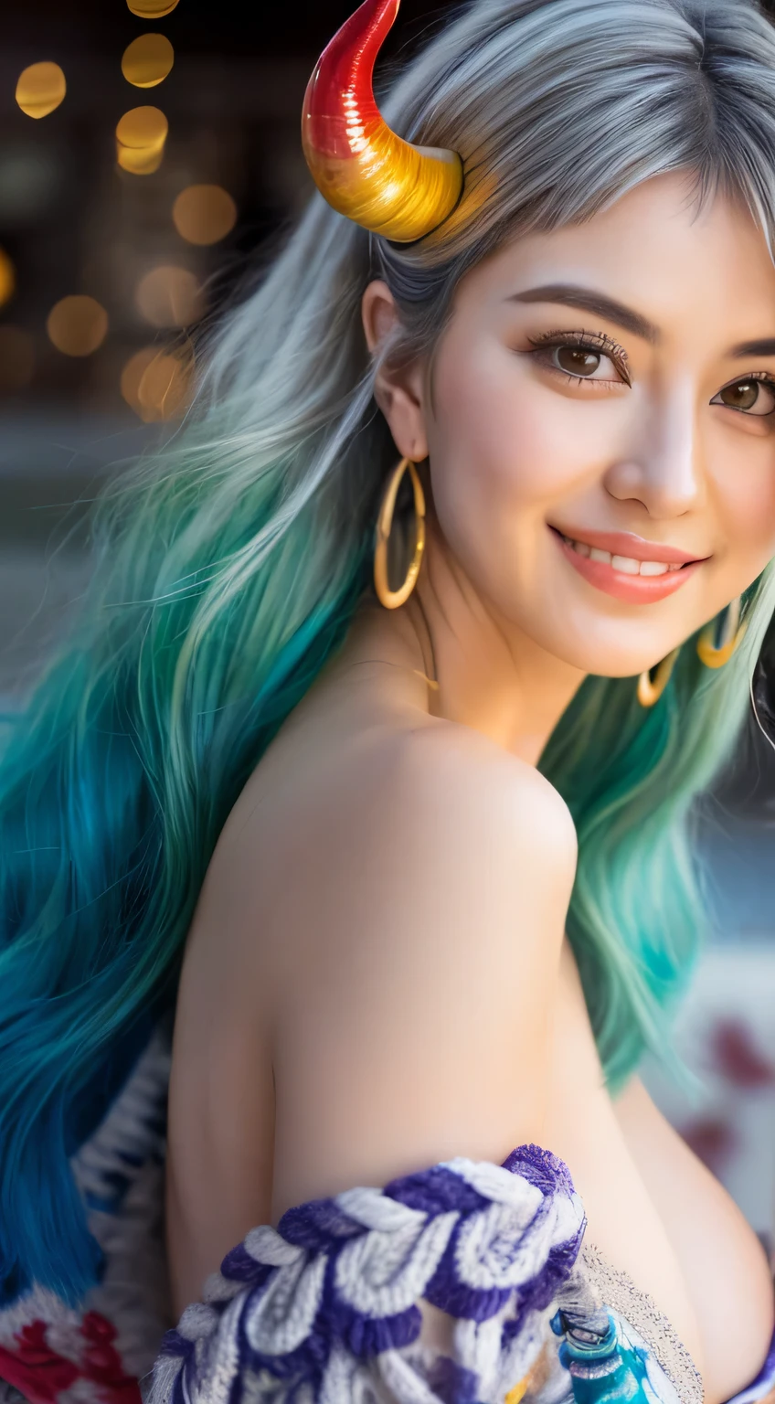 Ultra realistic 8k CG, masterpiece, ((super detailed background, delicate pattern, intricate details)), (very detailed, small details), highest quality, (realistic:1.4),beautiful lighting,  disorganized, Raw photo, film grain, ((, manly girl)), Yamato, long hair, 1 girl, horn, gray hair, alone, They are, red horn, curled horn, hair ornaments, (multicolored horn), jewelry, earrings, kimono, kimono, Hairpin, No sleeve,  shoulders, aqua hair, side lock, hoop earrings, Similarly, smile, wide smile, ((orange eyes, manly girl, )), (intricate detailsな背景, barren land, moon, portrait, close),