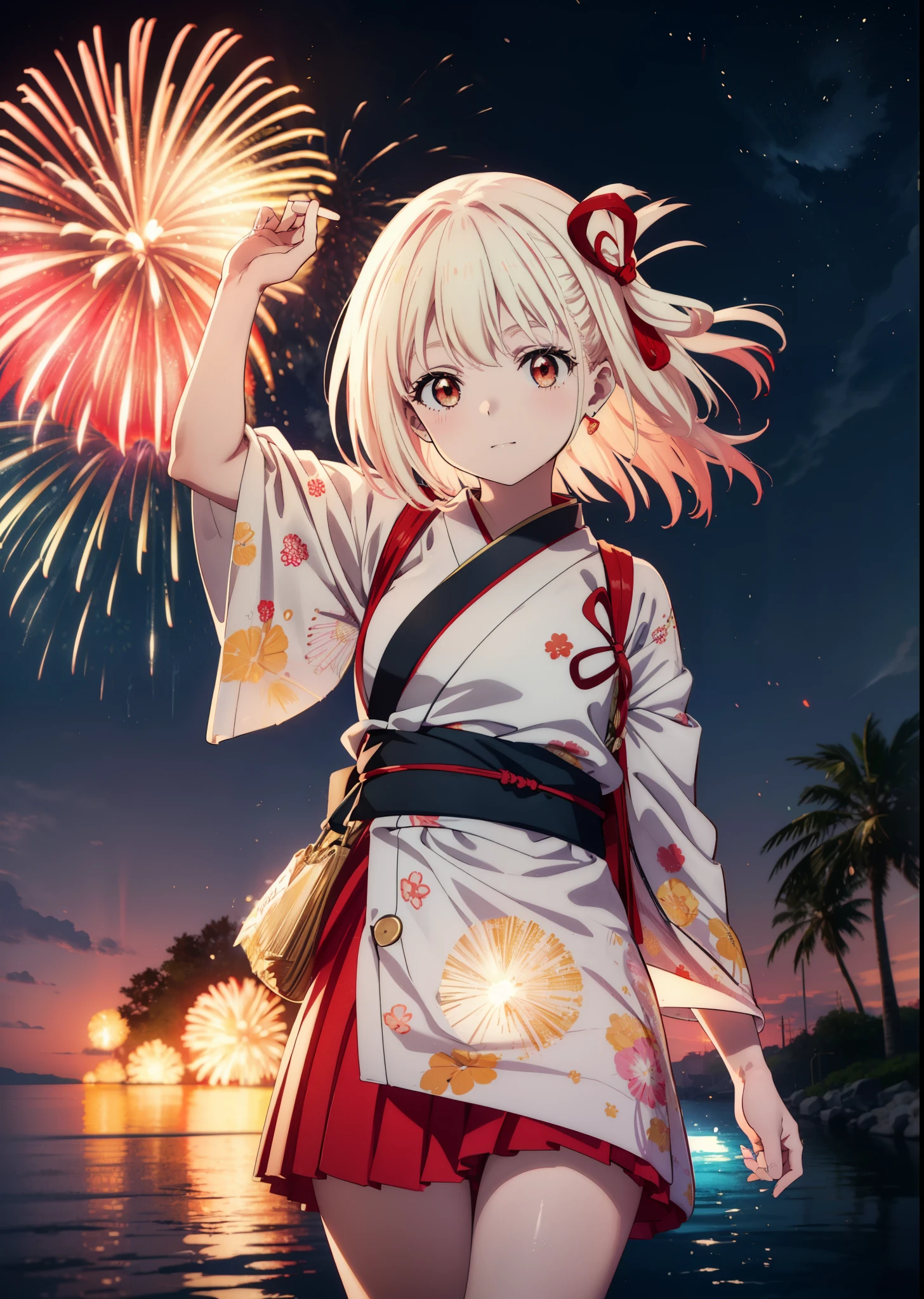 chisatonishikigi, Chisato Nishikigi, long hair, bangs, blonde hair, (red eyes:1.5), smile,blush,hair ribbon, hair tied back,light red yukata,mini skirt,Zori sandals,fireworks in the night sky,fireworks,The place is a fireworks display,Time is night、sunny day,turn around,So that the whole body goes into the illustration,
break outdoors, shrine,祭り
break looking at viewer, (cowboy shot:1.5),
break (masterpiece:1.2), highest quality, High resolution, unity 8k wallpaper, (figure:0.8), (detailed and beautiful eyes:1.6), highly detailed face, perfect lighting, Very detailed CG, (perfect hands, perfect anatomy),