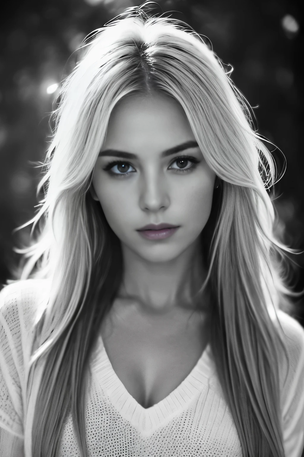 beautiful russian woman, 1 person, blonde, straight hair, (facing forward), photorealistic, light knit v-neck shirt, Raw photo, ((monochrome photography)), ((Only the lips are red)), detailed skin texture, detailed eyes, Super detailed, 8K, highest quality, ultra high resolution, masterpiece