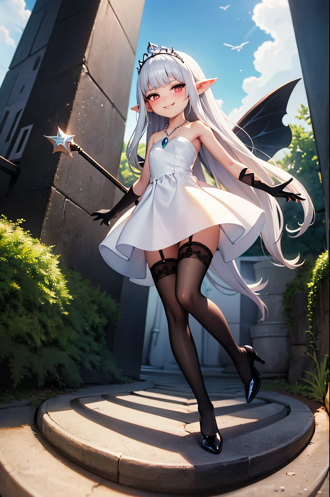 shrunken landscape, towering girl, gigantic princess, giant goddess, villain, stepping on top of a gigantic kingdom, full body, energy drain, white hair, gradient hair, pointy ears, pendant, strapless dress, white dress, fairy wings, arm wrap, black gloves, leg wrap, black footwear, flat chest, mean smug smile, very thin, skinny legs, confident, arrogant, sexy stockings, tiara, glowing red eyes, makeup, blush, eye shadow, rings, pearls, necklaces, flawless shiny silver hair, black heels, (love spell:1), flying hearts, looking at viewer, from below, solo,