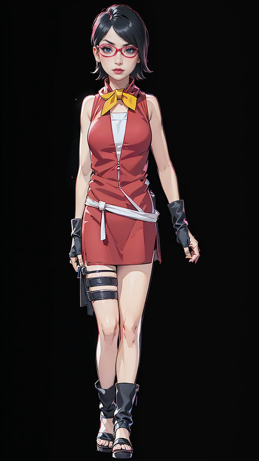 (1girl, solo, alone), (WakatsukiRisa, Sarada Uchiha, black hair, short hair, black eyes, red glasses), ((solo, (1woman, pink lipstick, black eyes), Extremely detailed, ambient soft lighting, 4k, perfect eyes, a perfect face, perfect lighting, a 1girl)), ((fitness, , shapely body, athletic body, toned body)), ((red dress, sarashi, neck scarf, yellow scarf, black and white high heels, long gloves, white beltm, wristband, walking in a backyard, neighborhood, houses, trees, lawn, outdoor day, backyard, neck tie))