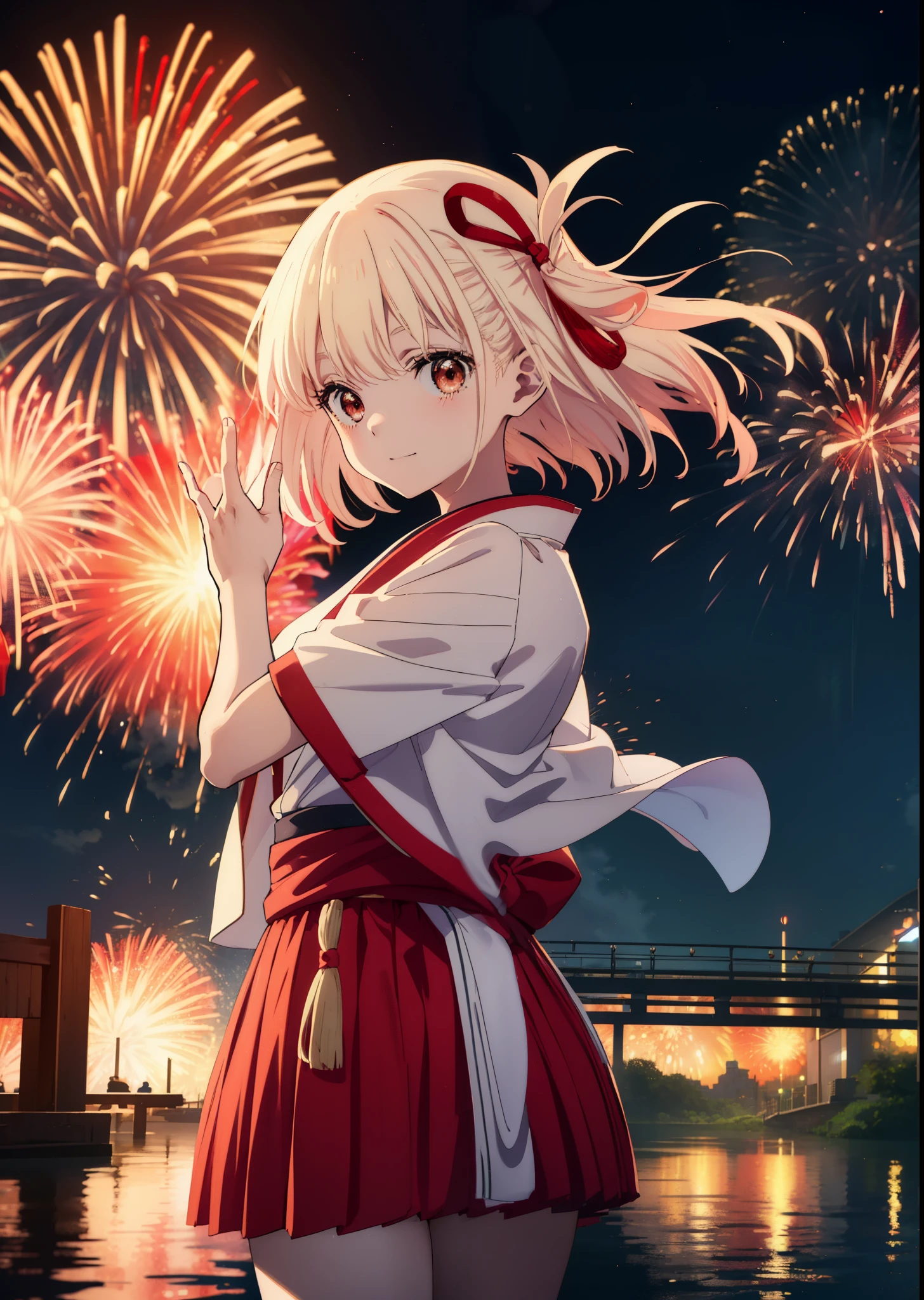 chisatonishikigi, Chisato Nishikigi, long hair, bangs, blonde hair, (red eyes:1.5), smile,blush,hair ribbon, hair tied back,light red yukata,mini skirt,Zori sandals,fireworks in the night sky,fireworks,The place is a fireworks display,Time is night、sunny day,turn around,So that the whole body goes into the illustration,
break outdoors, shrine,祭り
break looking at viewer, (cowboy shot:1.5),
break (masterpiece:1.2), highest quality, High resolution, unity 8k wallpaper, (figure:0.8), (detailed and beautiful eyes:1.6), highly detailed face, perfect lighting, Very detailed CG, (perfect hands, perfect anatomy),