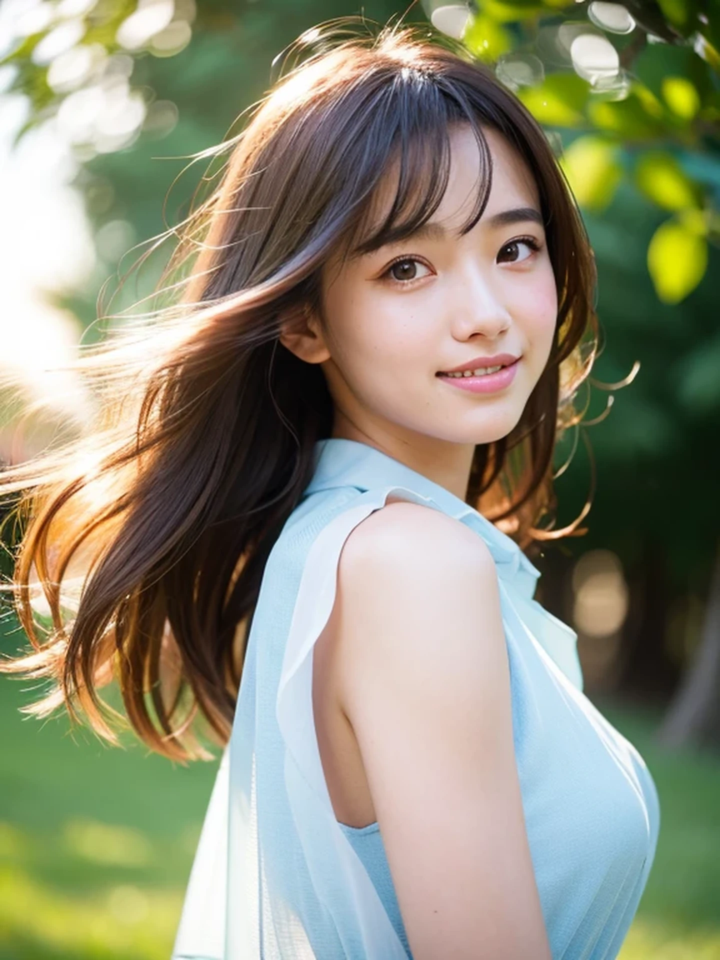 masterpiece, Best Quality, Raw photo, 8K, ultra-detailed face, 1girl, Beautiful detailed skin, backlight, soft light, bashful, (shoot from front:1.2), smile, Luminescent, Anatomically correct, Medium hair swaying in the wind, Eyes and faces with detailed, Textured skin, Professional Photography, Bokeh, Portrait, Professional Lighting, Solo, Cute, Girly, Film grain, silk dress shirt, Summer Hills,