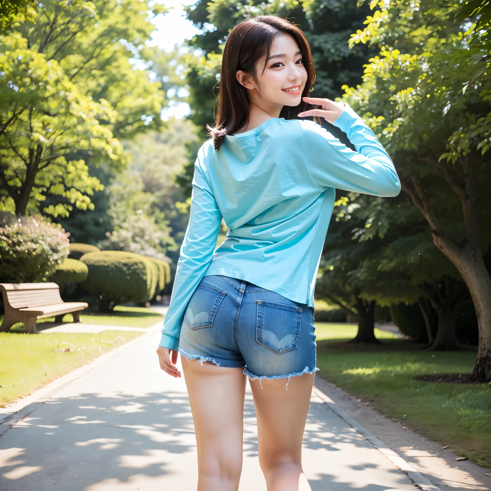 (highest quality、masterpiece、8K、best image quality、hyper realism、Award-winning work)、1 female、(solo:1.1)、(Simple thin tight long sleeve T-shirt:1.1)、(Tight long sleeve t-shirt with perfect fit:1.2)、(very short ripped distressed shorts:1.1)、(Beautiful park walking trail background with strong blur:1.1)、The most natural and perfect beautiful walking course、Deep walking course、Beautiful, perfectly maintained walking trails、(standing elegantly:1.2)、(full body photo:1.25)、(emphasize body line:1.2)、(thick legs:1.2)、glamorous body、big ass、big breasts、low length、short、(your back is turned to me:1.2)、(pointing your butt at me:1.1)、(Looking back at me:1.1)、beautiful nape、accurate anatomy、perfect makeup、long eyelashes、glossy lips、Ultra high definition glossy skin、(Ultra-high definition bright and beautiful skin:1.1)、超高精細のglossy lips、(Super high definition beautiful perfect teeth:1.1)
