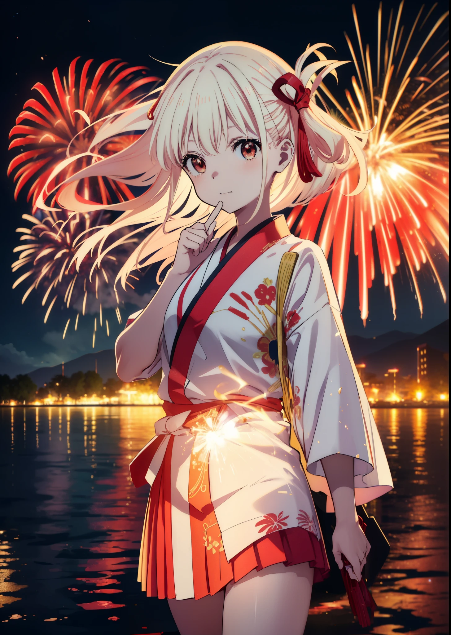 chisatonishikigi, Chisato Nishikigi, long hair, bangs, blonde hair, (red eyes:1.5), smile,blush,hair ribbon, hair tied back,light red yukata,mini skirt,Zori sandals,fireworks in the night sky,fireworks,The place is a fireworks display,Time is night、sunny day,turn around,So that the whole body goes into the illustration,
break outdoors, shrine,祭り
break looking at viewer, (cowboy shot:1.5),
break (masterpiece:1.2), highest quality, High resolution, unity 8k wallpaper, (figure:0.8), (detailed and beautiful eyes:1.6), highly detailed face, perfect lighting, Very detailed CG, (perfect hands, perfect anatomy),